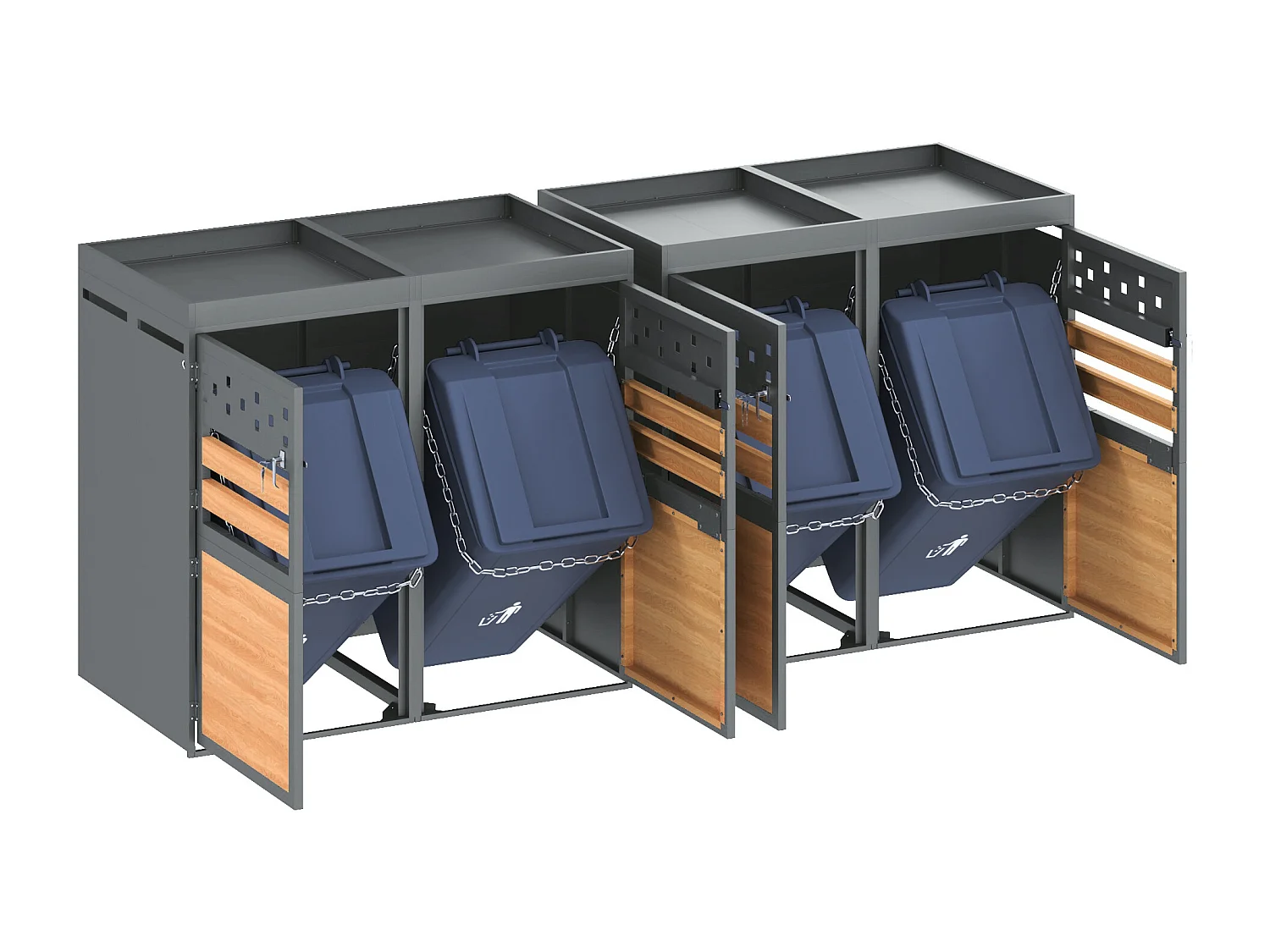 Abri pour 4 poubelles de jardin(120-240 litres)- 2 x 132 x 80 x 125 cm - avec toit végétalisé + serrure + 4 portes - métal - gris