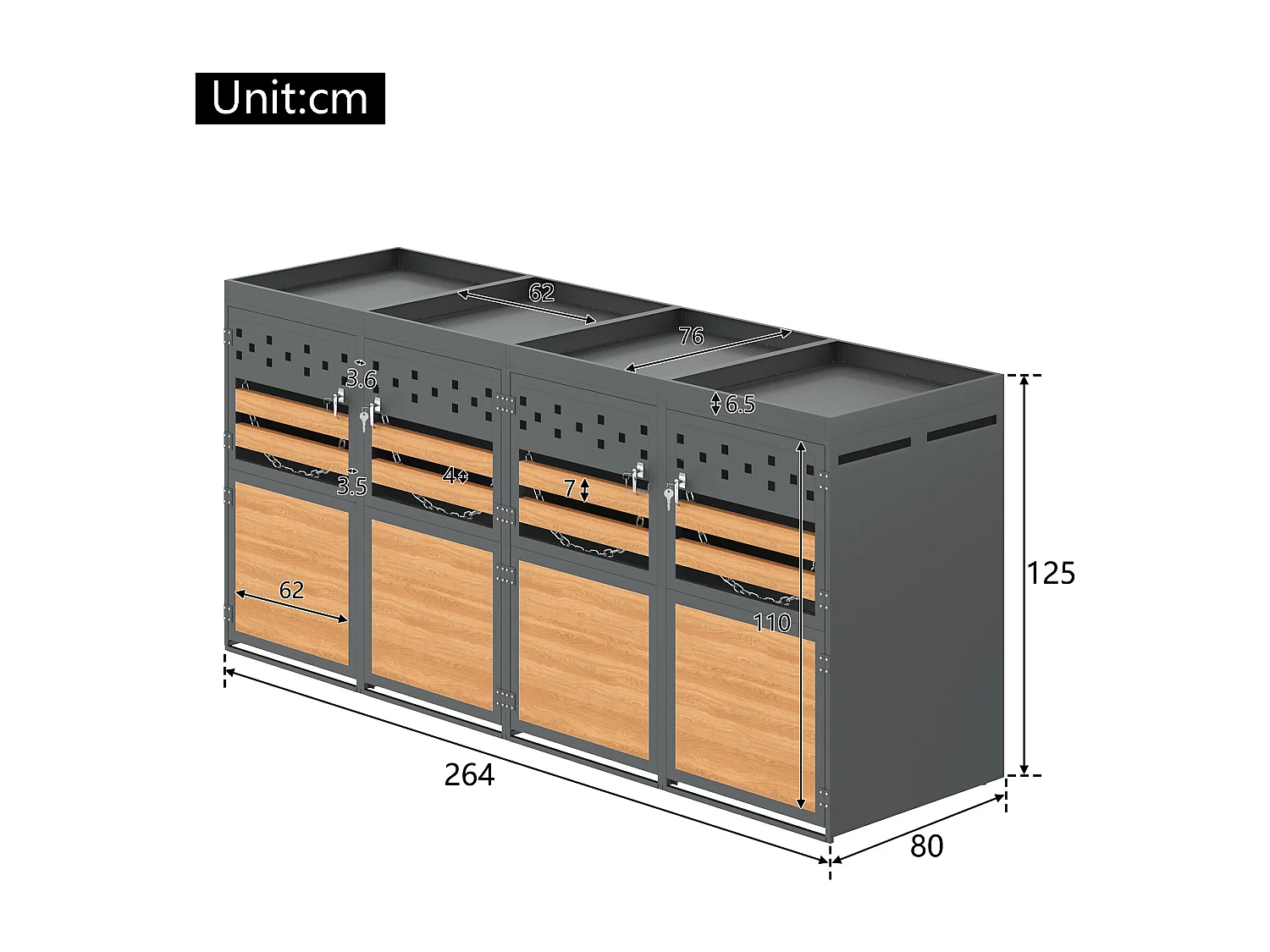 Abri pour 4 poubelles de jardin(120-240 litres)- 2 x 132 x 80 x 125 cm - avec toit végétalisé + serrure + 4 portes - métal - gris