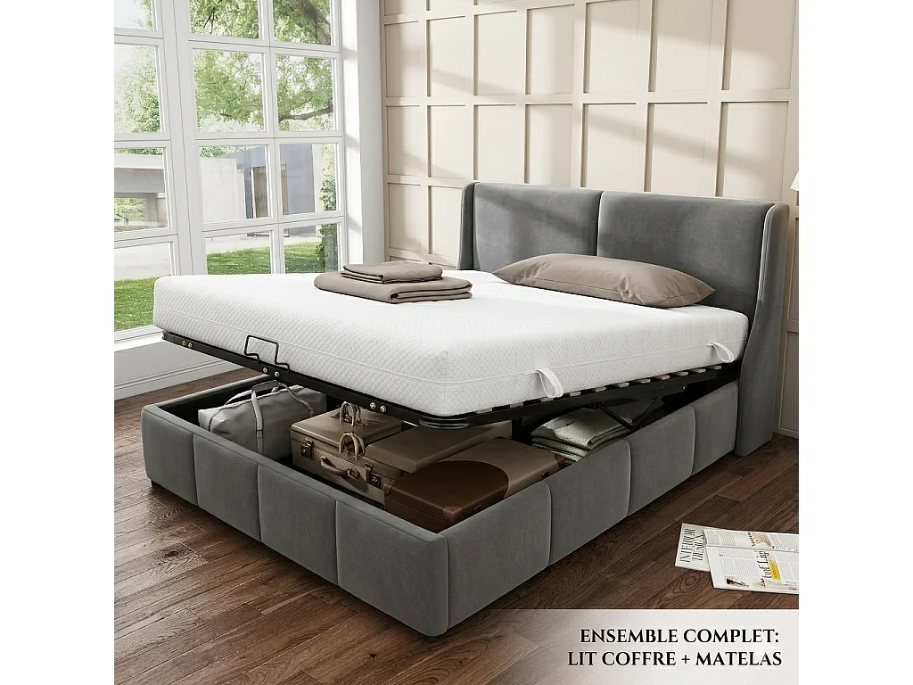 Ensemble matelas et  lit coffre 140x200 cm Ressorts ensachés Double Confort (Fermeté H3 & H4) épaisseur 20 cm, Rangement Intégré