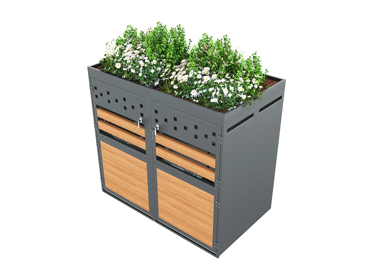 Abri pour 2 poubelles de jardin(120-240 litres)- 132 x 80 x 125 cm - avec toit végétalisé + serrure + 2 portes - métal - gris