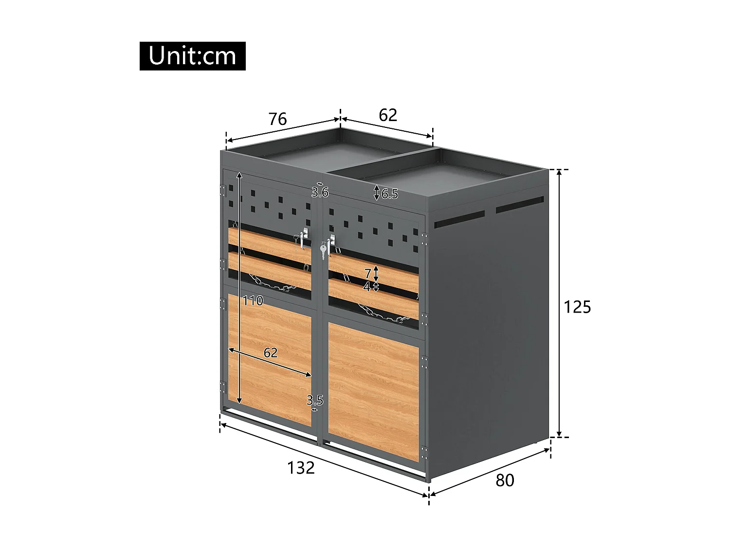 Abri pour 2 poubelles de jardin(120-240 litres)- 132 x 80 x 125 cm - avec toit végétalisé + serrure + 2 portes - métal - gris