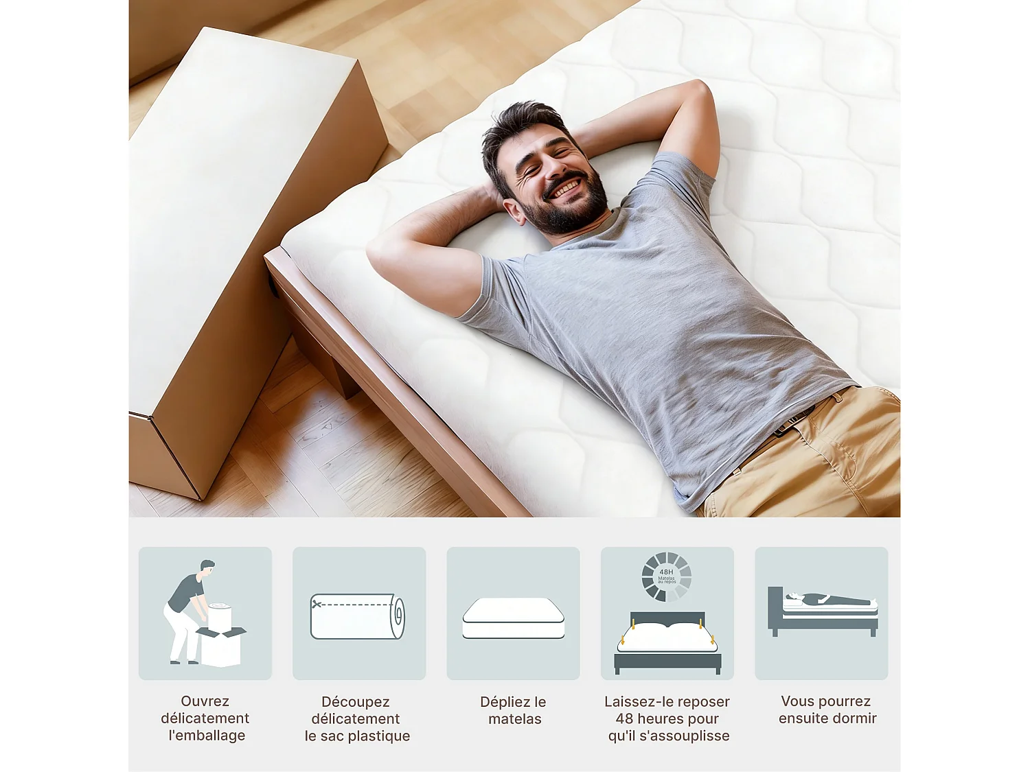 Ensemble matelas et  lit coffre 160x200 cm Ressorts ensachés Double Confort (Fermeté H3 & H4) épaisseur 20 cm, Rangement Intégré