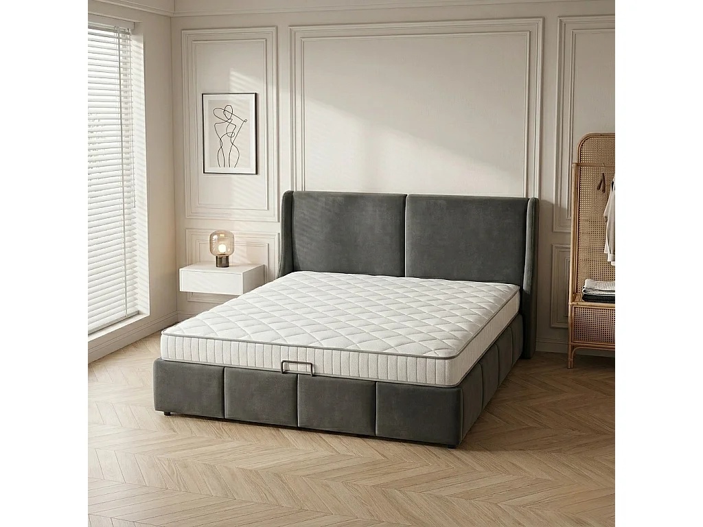 Ensemble Lit Coffre avec Matelas CHITA 160x200cm - Soutien Medium 7 Zones,épaisseur 20 cm - Rangement Intégré