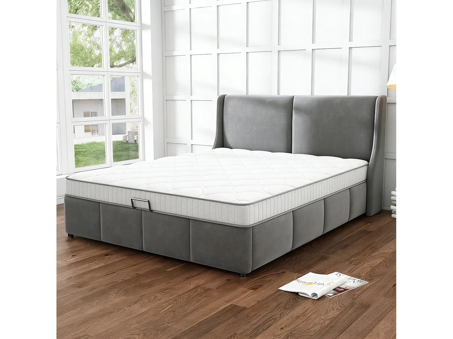 Ensemble Lit Coffre avec Matelas CHITA 160x200cm - Soutien Medium 7 Zones,épaisseur 20 cm - Rangement Intégré