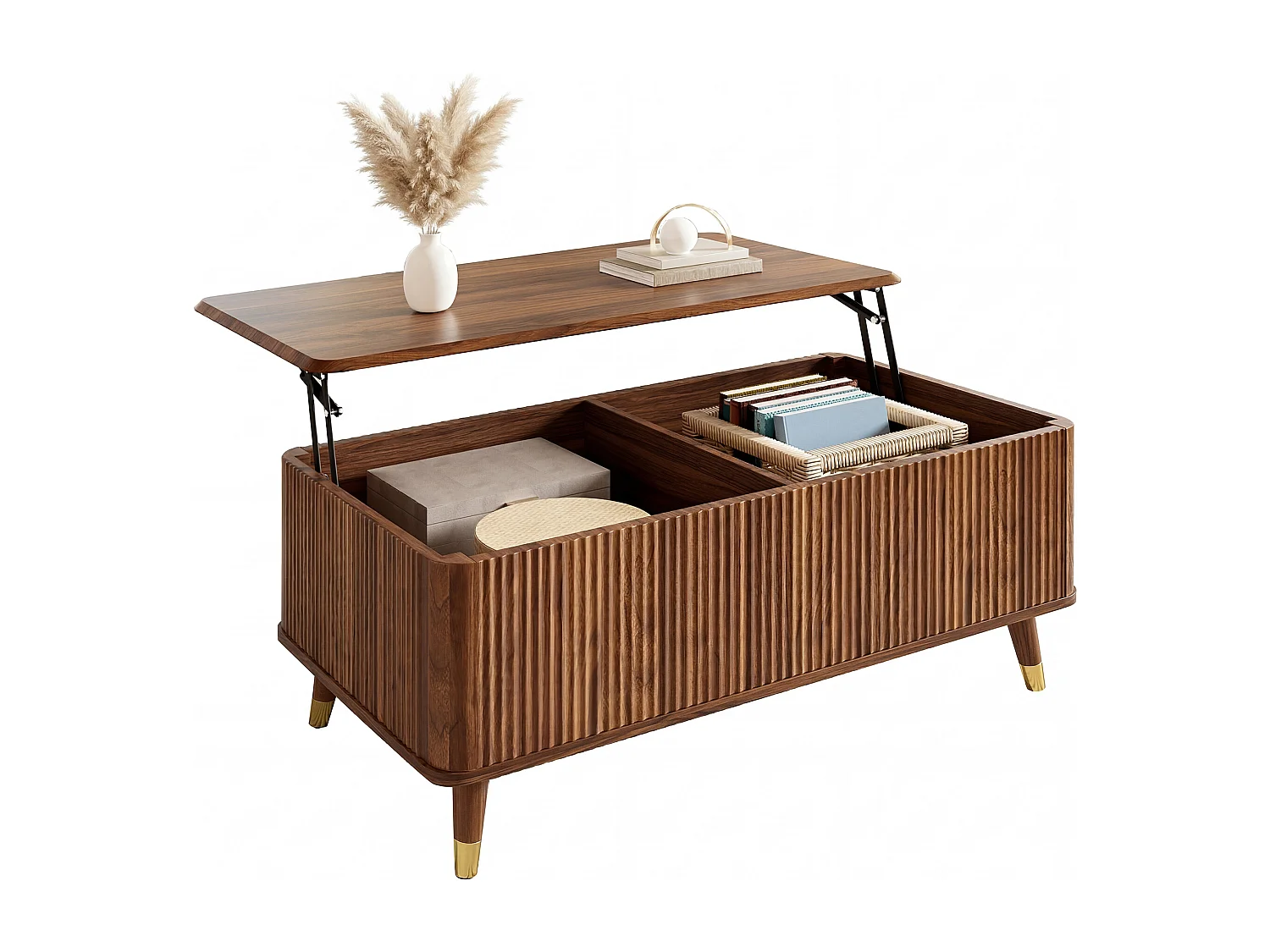 Retro-moderner Couchtisch mit Hubfunktion – 97 x 52 x 56,5 cm – mit Schiebetür und Stauraum – Walnuss-Finish – MDF – braun