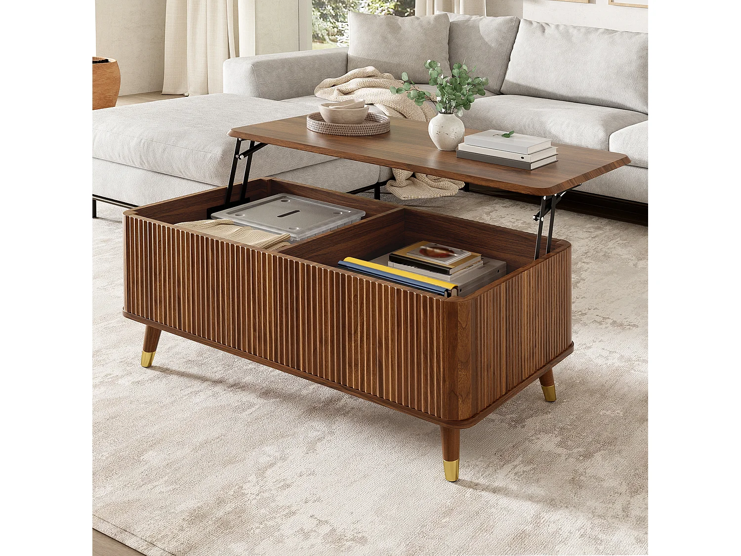 Retro-moderner Couchtisch mit Hubfunktion – 97 x 52 x 56,5 cm – mit Schiebetür und Stauraum – Walnuss-Finish – MDF – braun