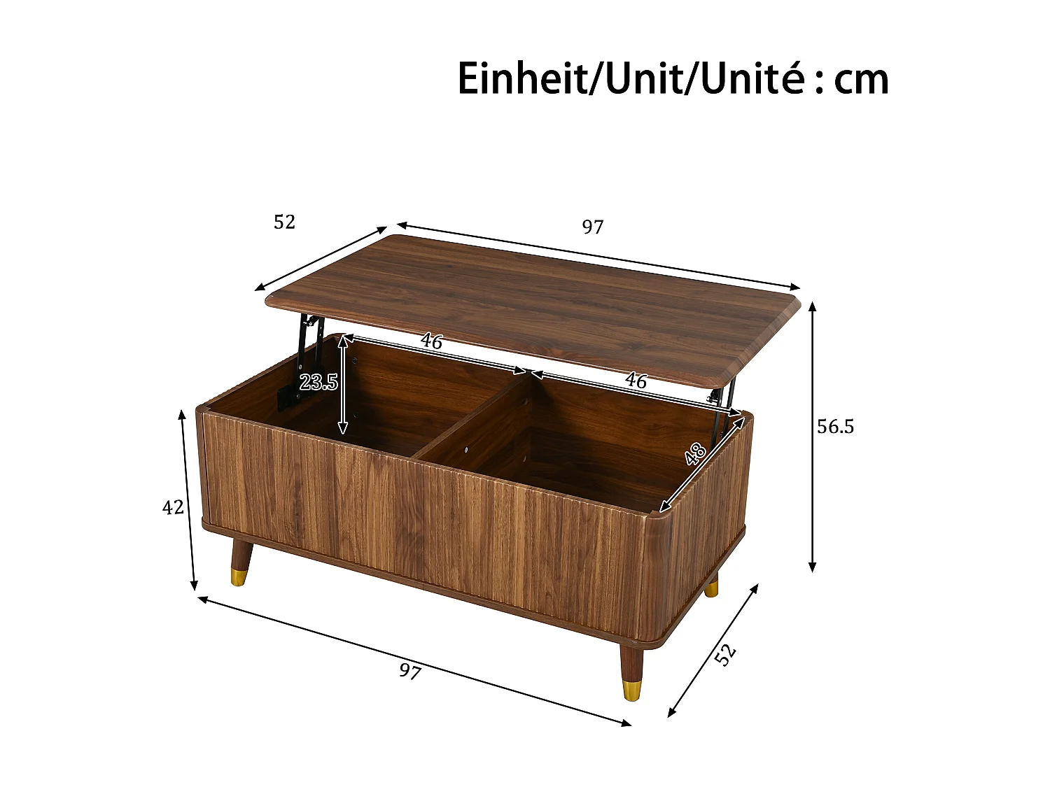 Retro-moderner Couchtisch mit Hubfunktion – 97 x 52 x 56,5 cm – mit Schiebetür und Stauraum – Walnuss-Finish – MDF – braun