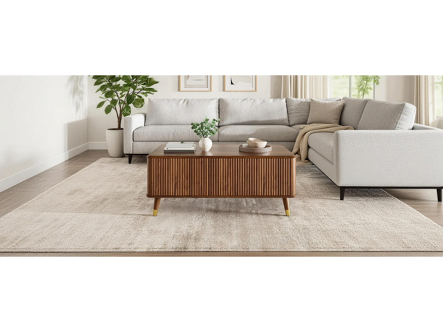 Retro-moderner Couchtisch mit Hubfunktion – 97 x 52 x 56,5 cm – mit Schiebetür und Stauraum – Walnuss-Finish – MDF – braun