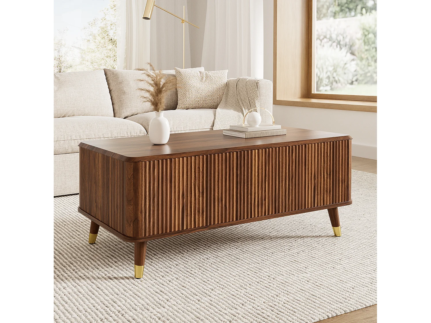 Retro-moderner Couchtisch mit Hubfunktion – 97 x 52 x 56,5 cm – mit Schiebetür und Stauraum – Walnuss-Finish – MDF – braun