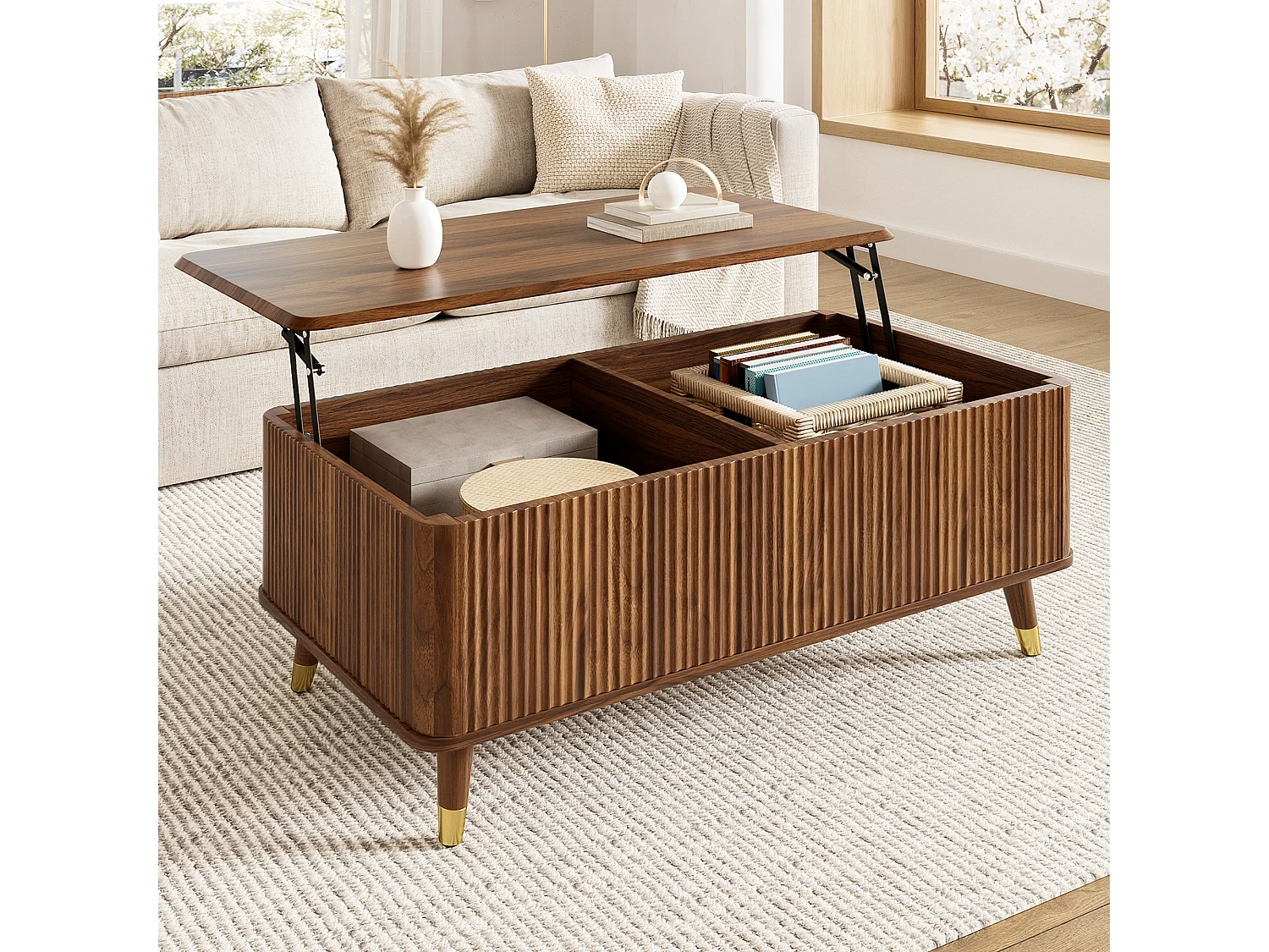 Retro-moderner Couchtisch mit Hubfunktion – 97 x 52 x 56,5 cm – mit Schiebetür und Stauraum – Walnuss-Finish – MDF – braun