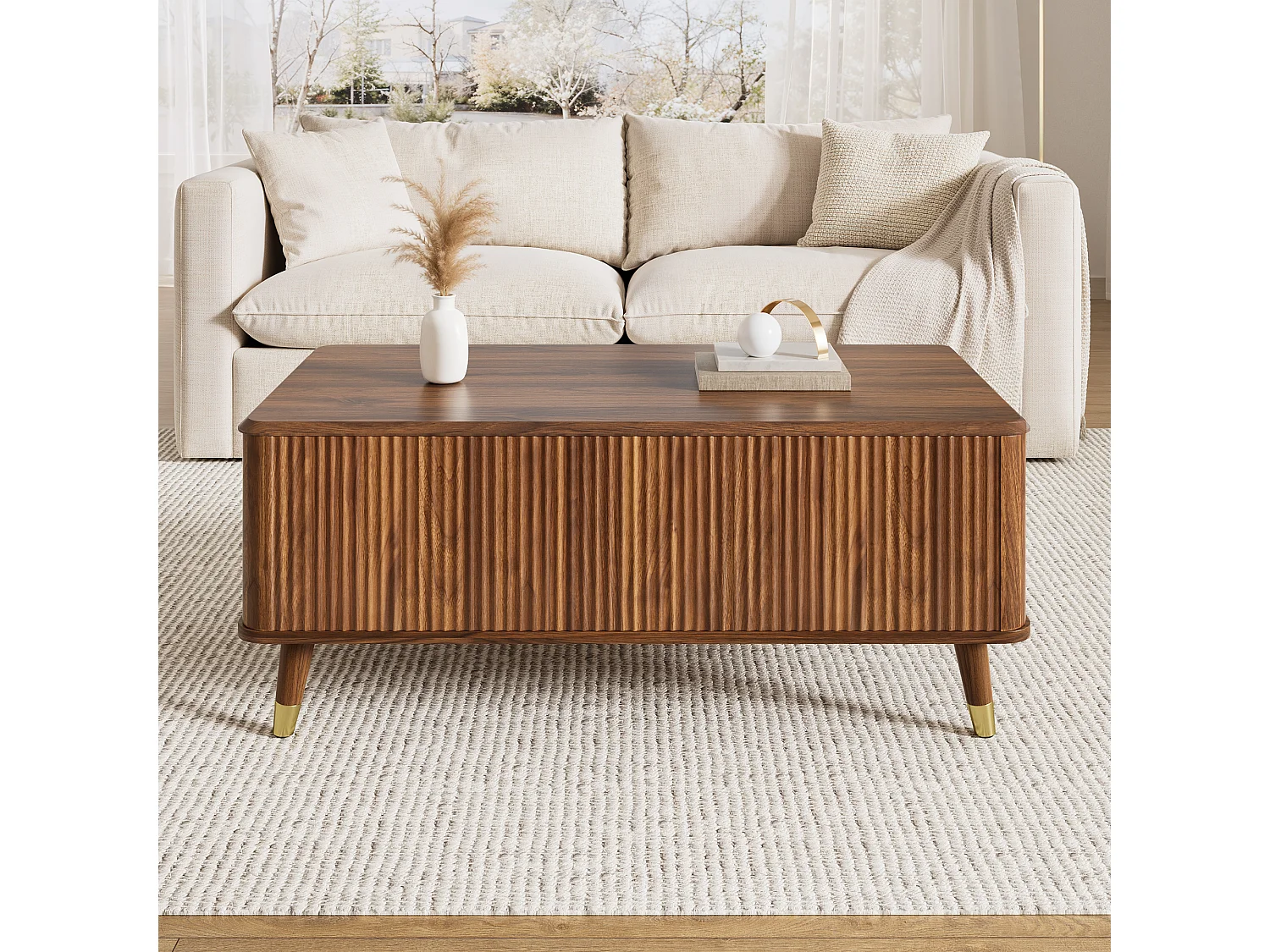 Retro-moderner Couchtisch mit Hubfunktion – 97 x 52 x 56,5 cm – mit Schiebetür und Stauraum – Walnuss-Finish – MDF – braun