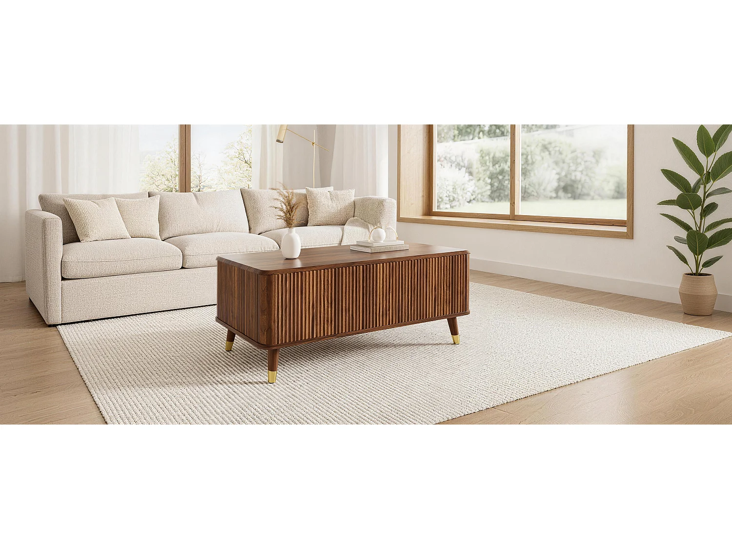 Retro-moderner Couchtisch mit Hubfunktion – 97 x 52 x 56,5 cm – mit Schiebetür und Stauraum – Walnuss-Finish – MDF – braun