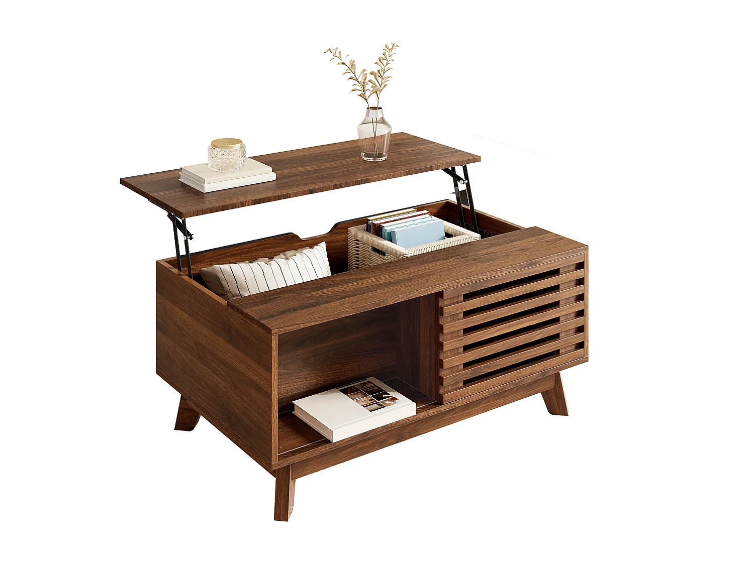 Retro-moderner Couchtisch mit Hubmechanismus – 90 x 50 x 57,5 cm – mit Schiebetür und Ablage – Walnuss-Finish – MDF – braun