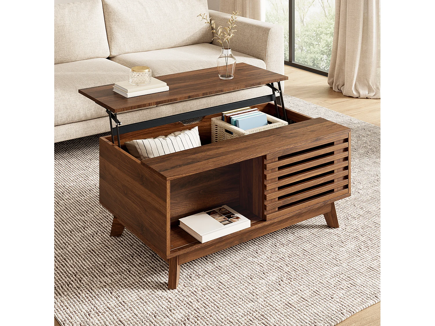 Retro-moderner Couchtisch mit Hubmechanismus – 90 x 50 x 57,5 cm – mit Schiebetür und Ablage – Walnuss-Finish – MDF – braun