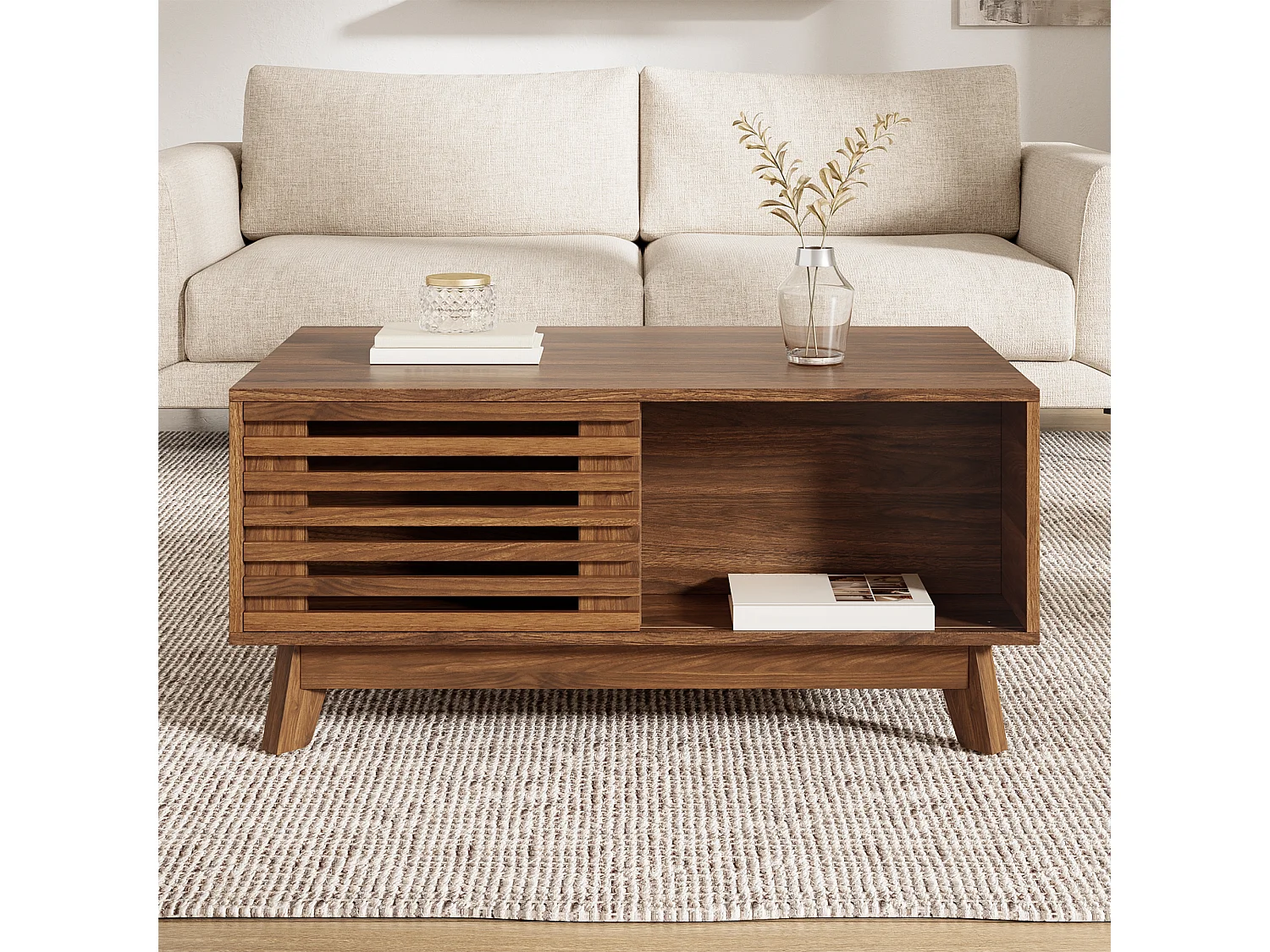 Retro-moderner Couchtisch mit Hubmechanismus – 90 x 50 x 57,5 cm – mit Schiebetür und Ablage – Walnuss-Finish – MDF – braun