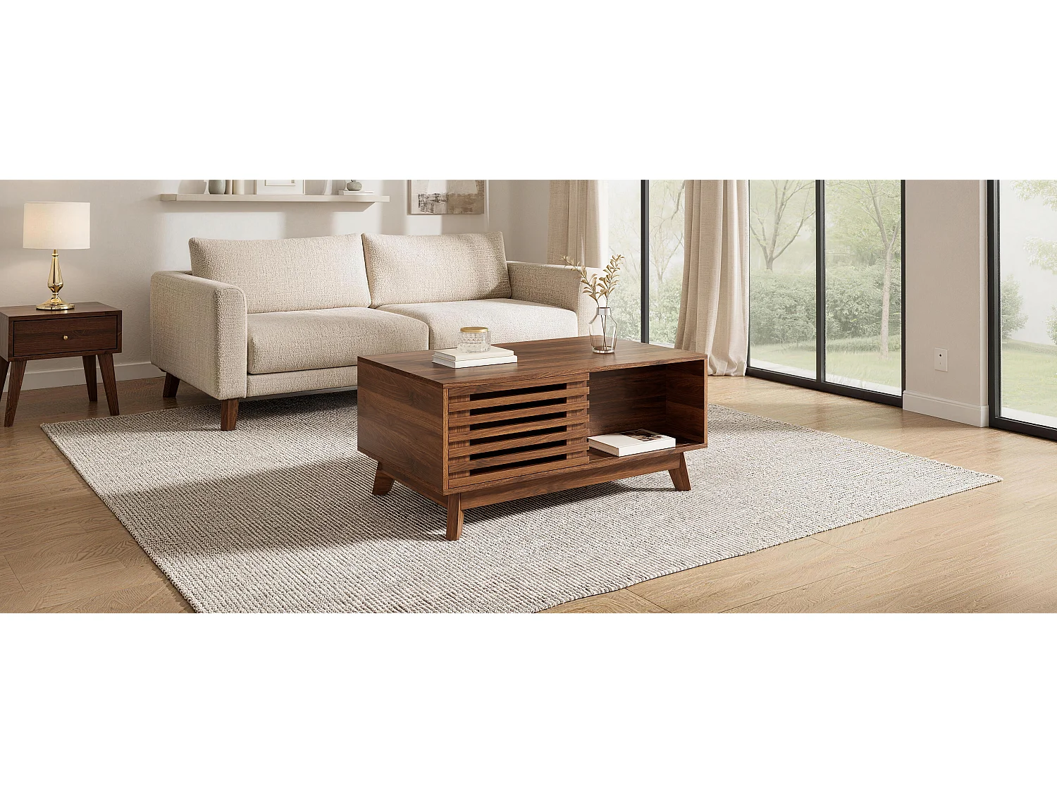 Retro-moderner Couchtisch mit Hubmechanismus – 90 x 50 x 57,5 cm – mit Schiebetür und Ablage – Walnuss-Finish – MDF – braun