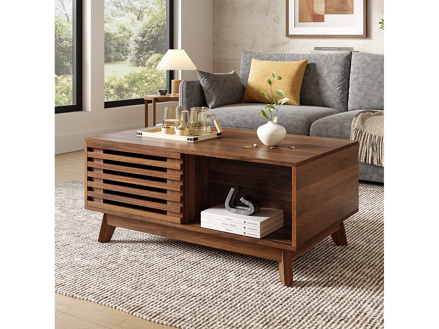 Retro-moderner Couchtisch mit Hubmechanismus – 90 x 50 x 57,5 cm – mit Schiebetür und Ablage – Walnuss-Finish – MDF – braun