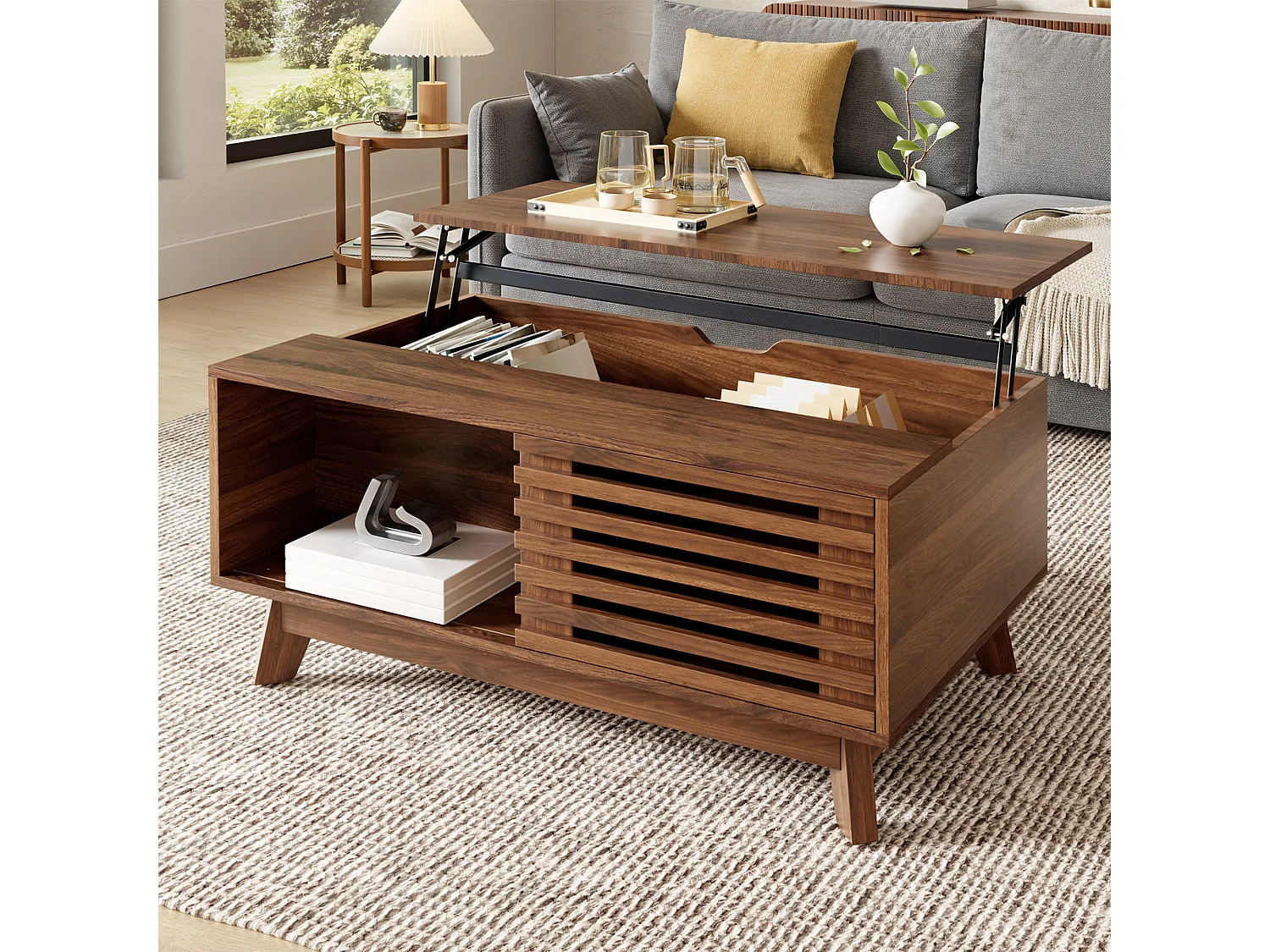 Retro-moderner Couchtisch mit Hubmechanismus – 90 x 50 x 57,5 cm – mit Schiebetür und Ablage – Walnuss-Finish – MDF – braun