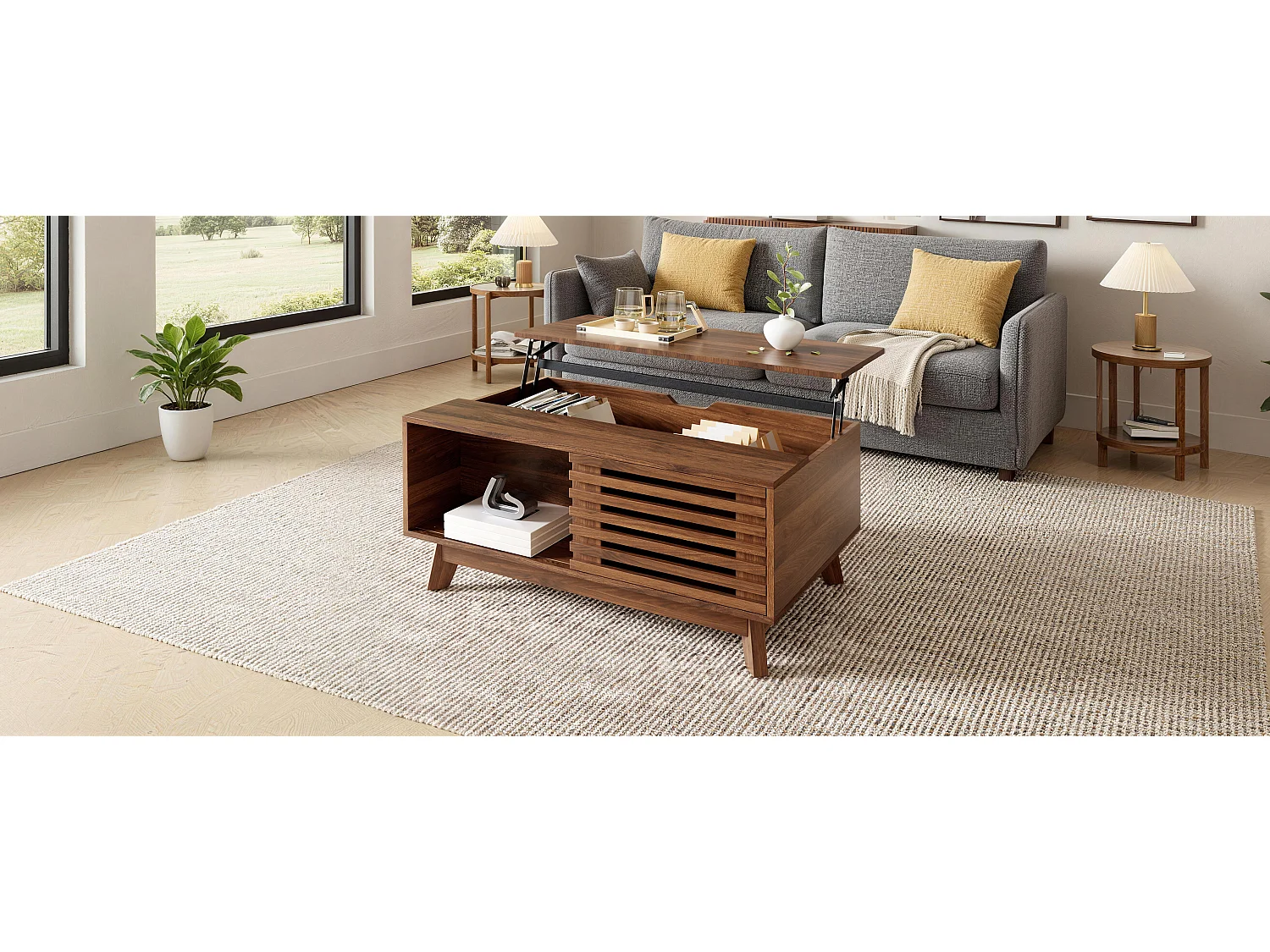 Retro-moderner Couchtisch mit Hubmechanismus – 90 x 50 x 57,5 cm – mit Schiebetür und Ablage – Walnuss-Finish – MDF – braun