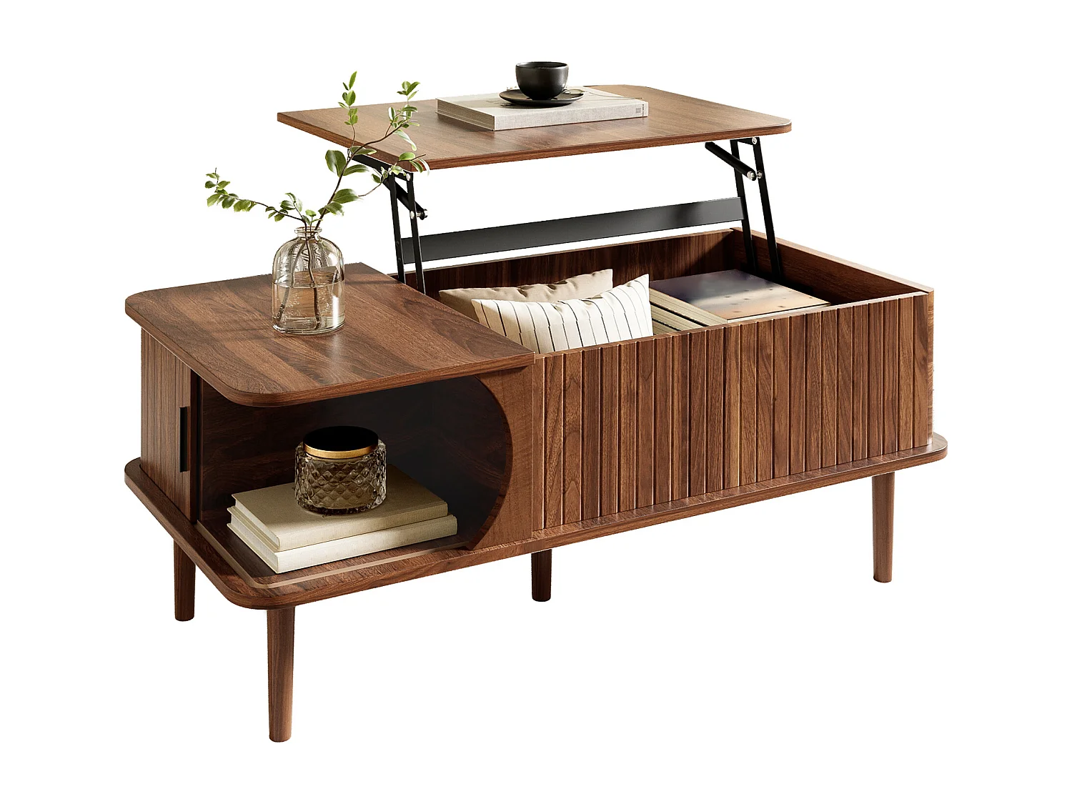 Mesa de centro retro-moderna con tapa elevable - 100 x 48 x 55,5 cm - con puerta corredera y estante - acabado nogal - MDF - marrón