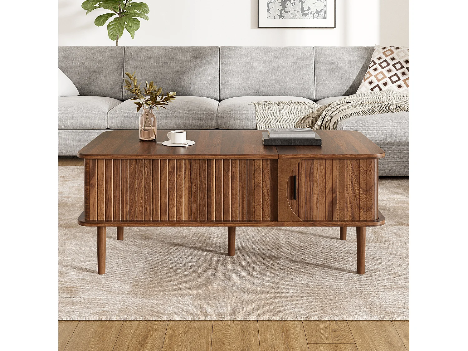 Mesa de centro retro-moderna con tapa elevable - 100 x 48 x 55,5 cm - con puerta corredera y estante - acabado nogal - MDF - marrón