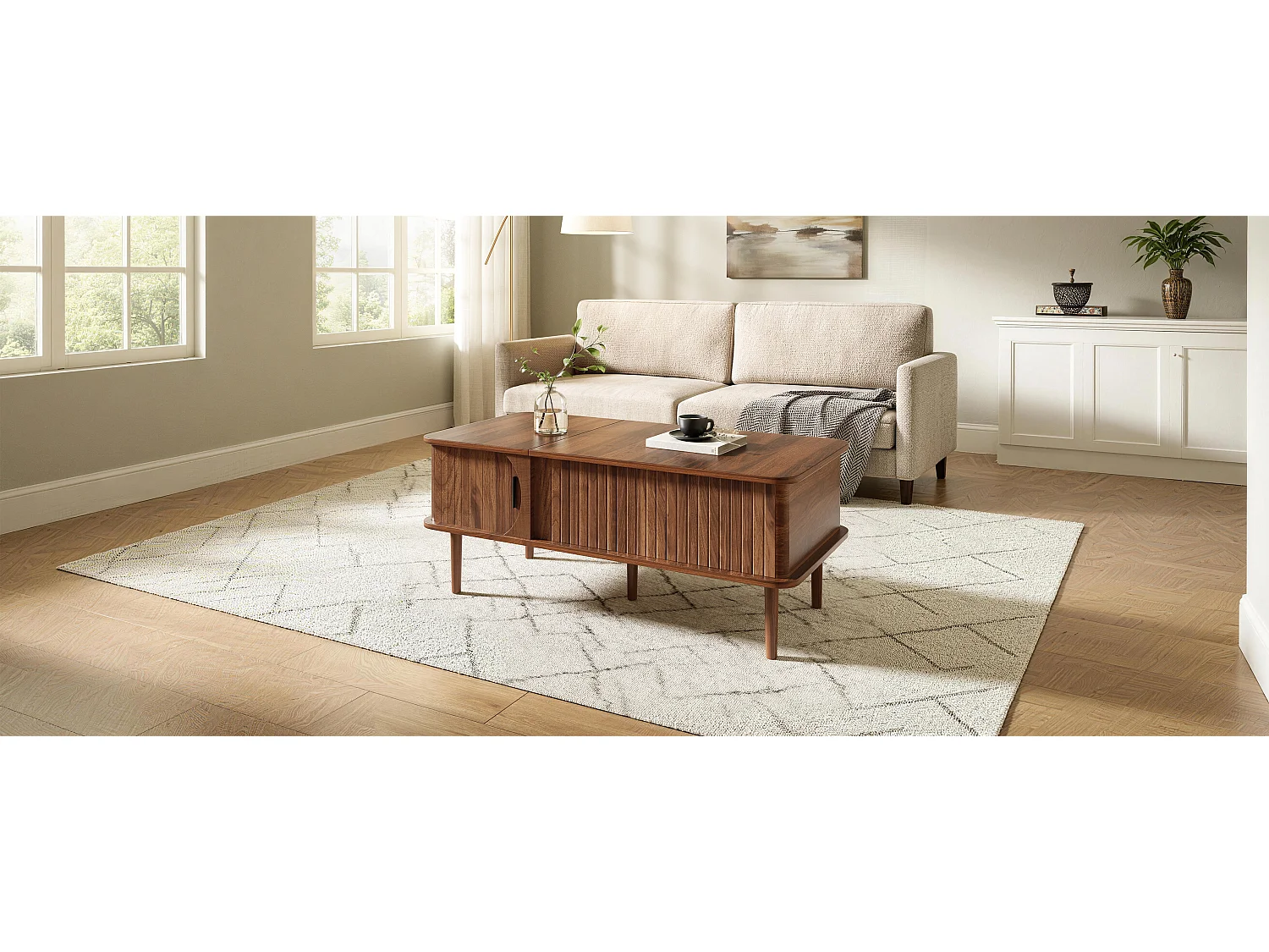 Mesa de centro retro-moderna con tapa elevable - 100 x 48 x 55,5 cm - con puerta corredera y estante - acabado nogal - MDF - marrón