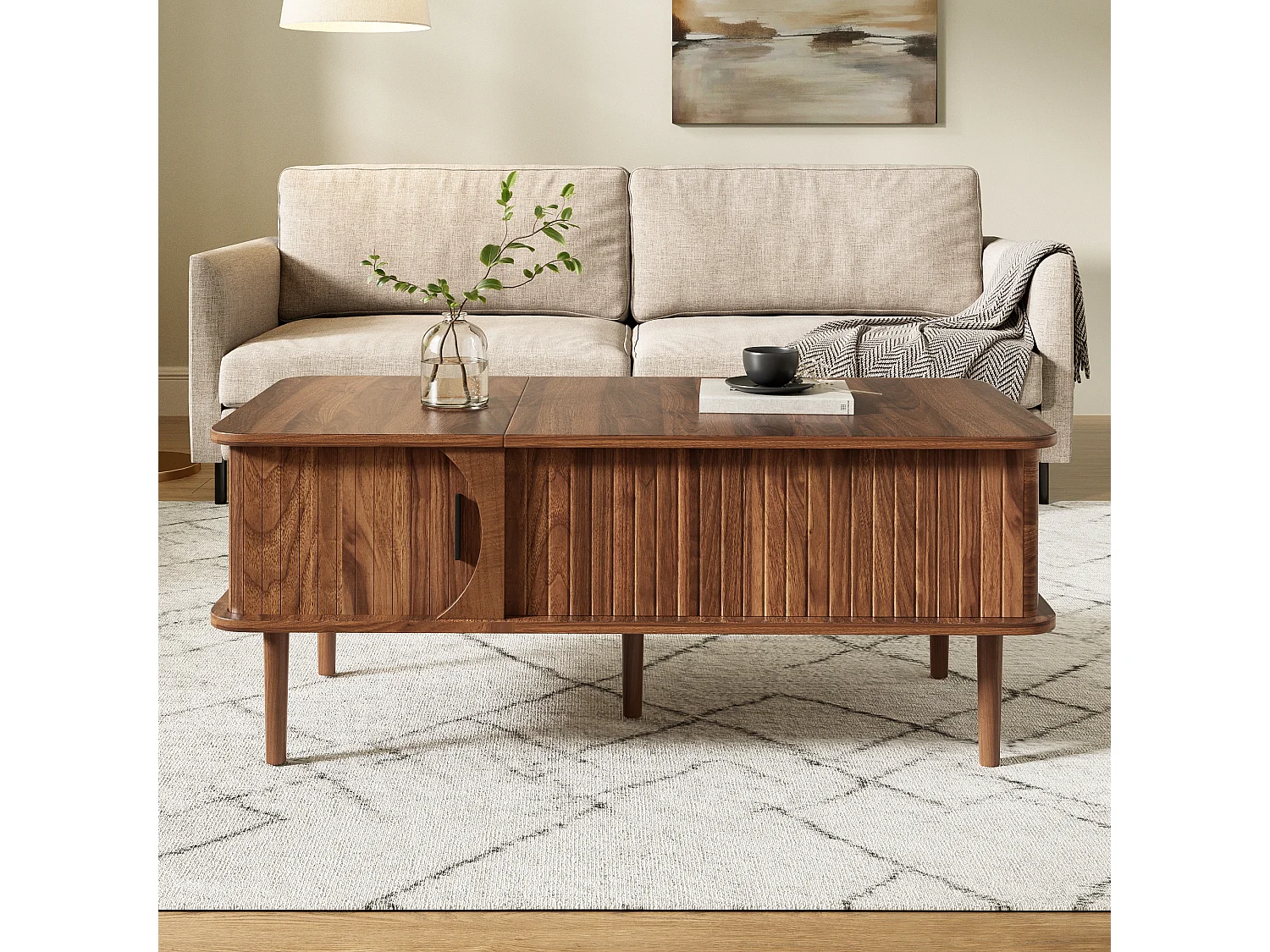 Mesa de centro retro-moderna con tapa elevable - 100 x 48 x 55,5 cm - con puerta corredera y estante - acabado nogal - MDF - marrón