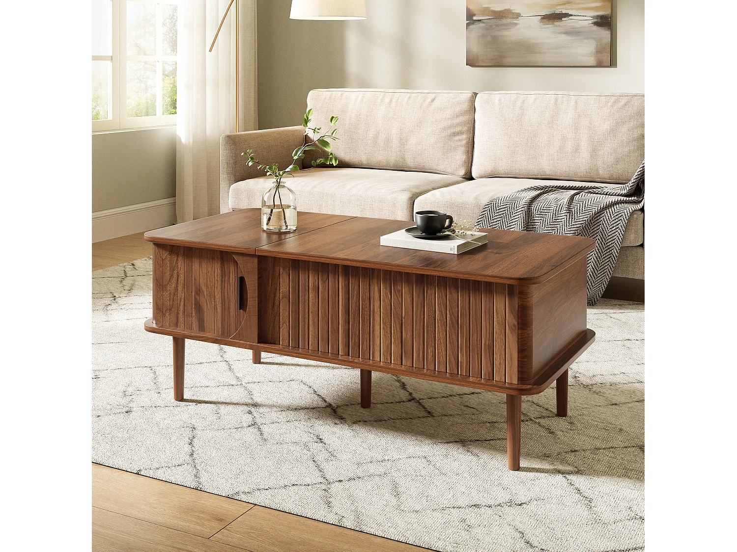 Mesa de centro retro-moderna con tapa elevable - 100 x 48 x 55,5 cm - con puerta corredera y estante - acabado nogal - MDF - marrón