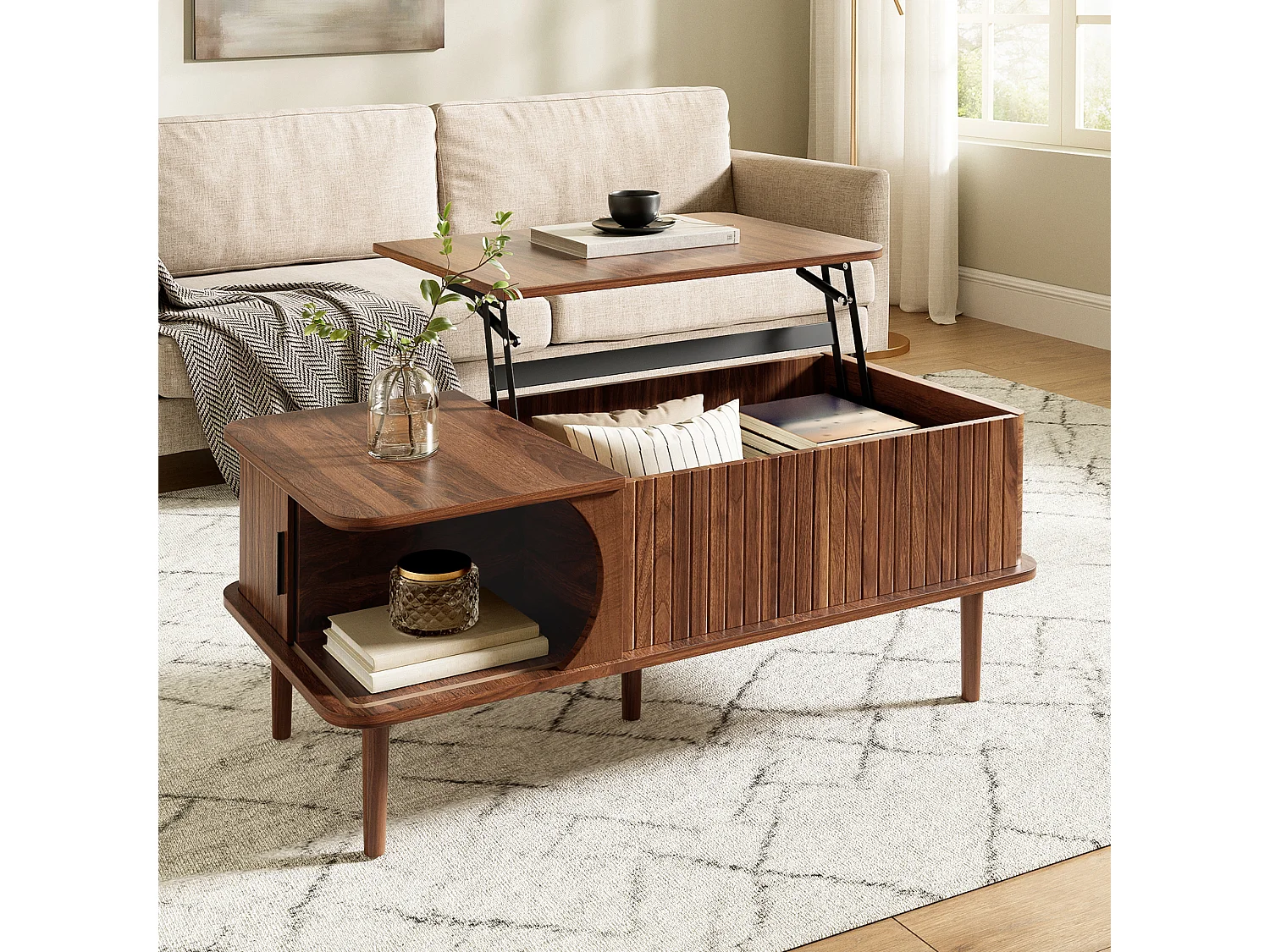 Mesa de centro retro-moderna con tapa elevable - 100 x 48 x 55,5 cm - con puerta corredera y estante - acabado nogal - MDF - marrón