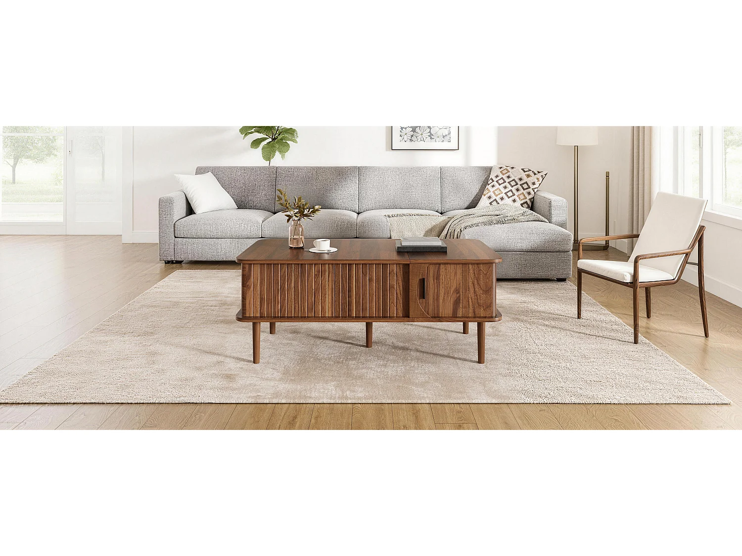 Mesa de centro retro-moderna con tapa elevable - 100 x 48 x 55,5 cm - con puerta corredera y estante - acabado nogal - MDF - marrón