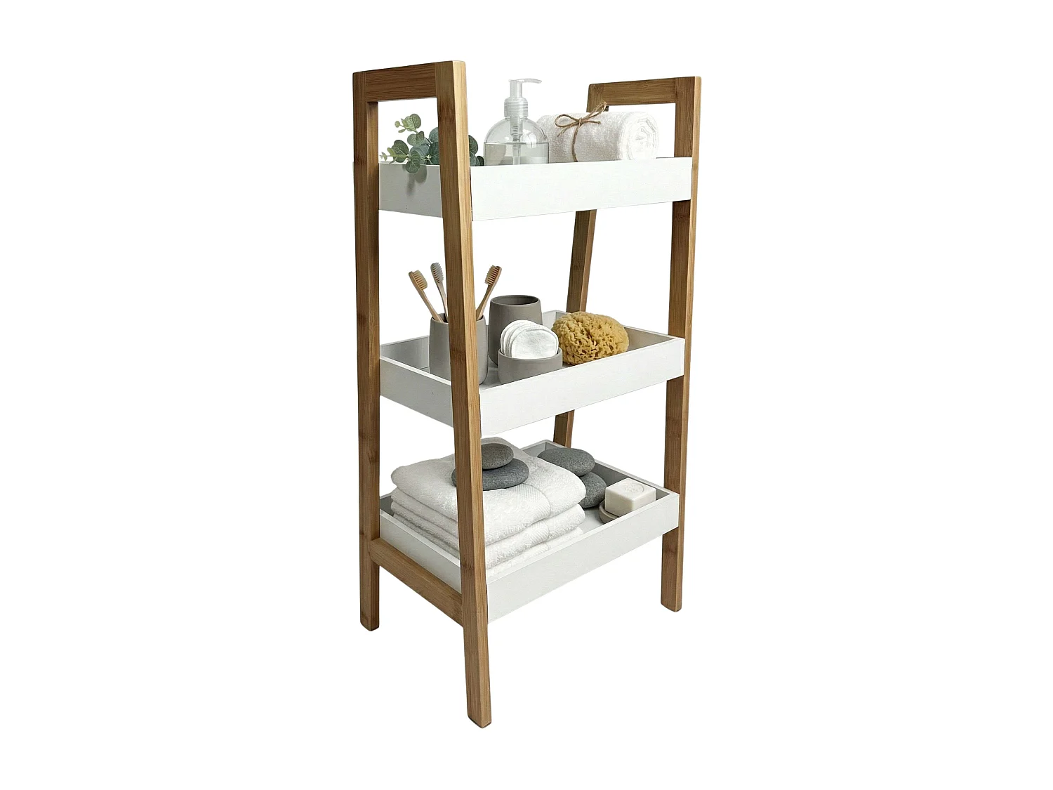 Estantería baja Take salón 3 estantes blanco y madera claro 75x35x30 cm