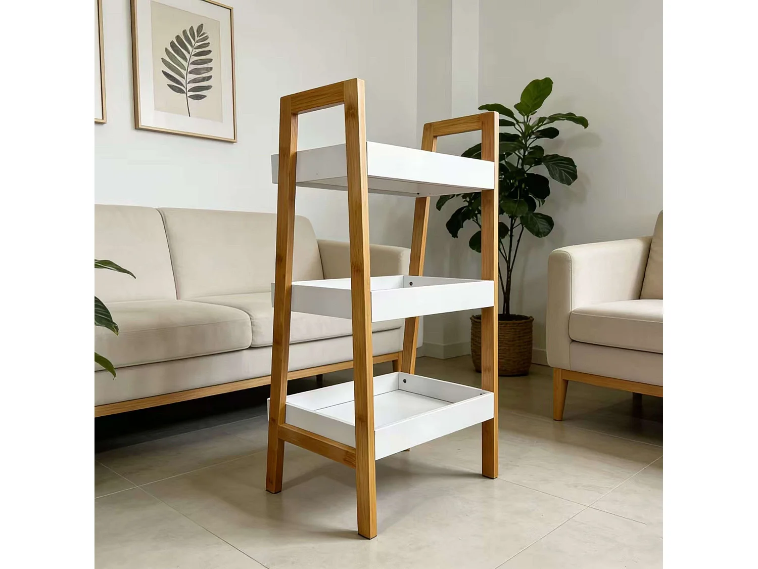 Estantería baja Take salón 3 estantes blanco y madera claro 75x35x30 cm