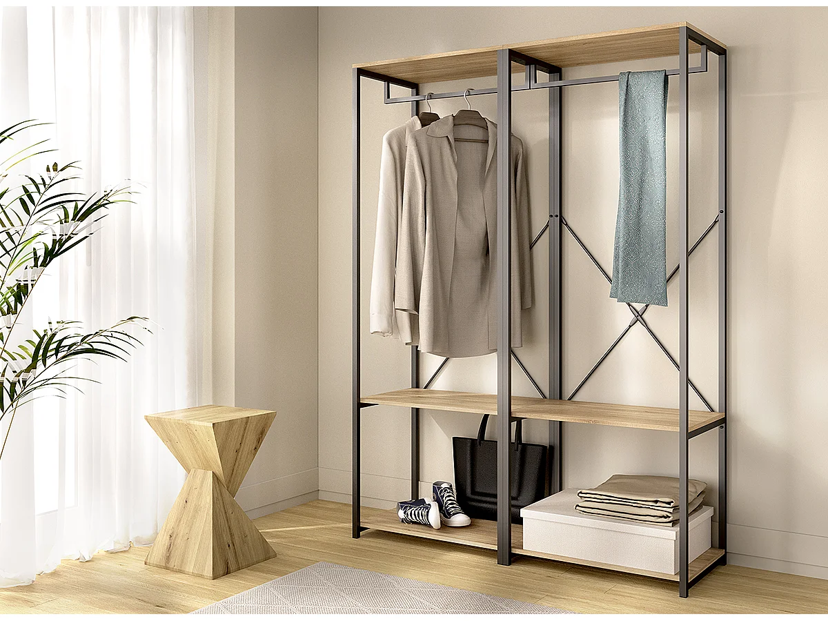 Portant à vêtements double penderie de structure métallique avec 4 étagères de rangement, coloris naturel/noir - Hauteur 167 x Longueur 120 x Profondeur 40,4 cm