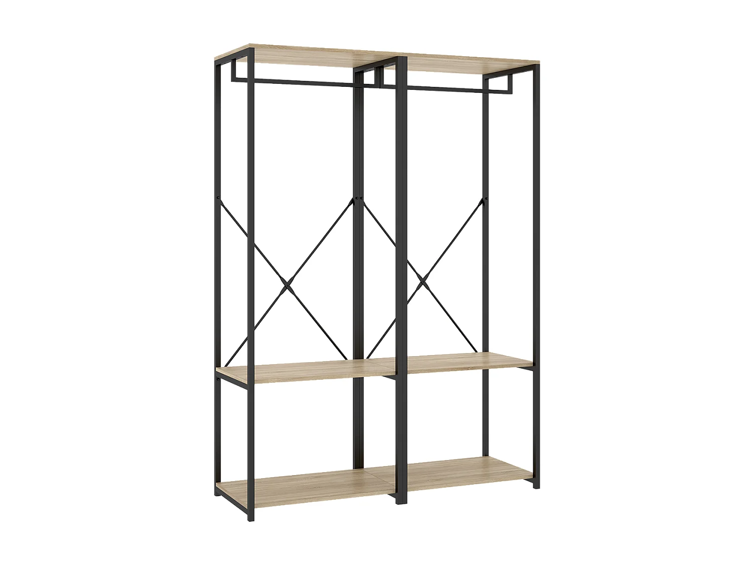 Portant à vêtements double penderie de structure métallique avec 4 étagères de rangement, coloris naturel/noir - Hauteur 167 x Longueur 120 x Profondeur 40,4 cm
