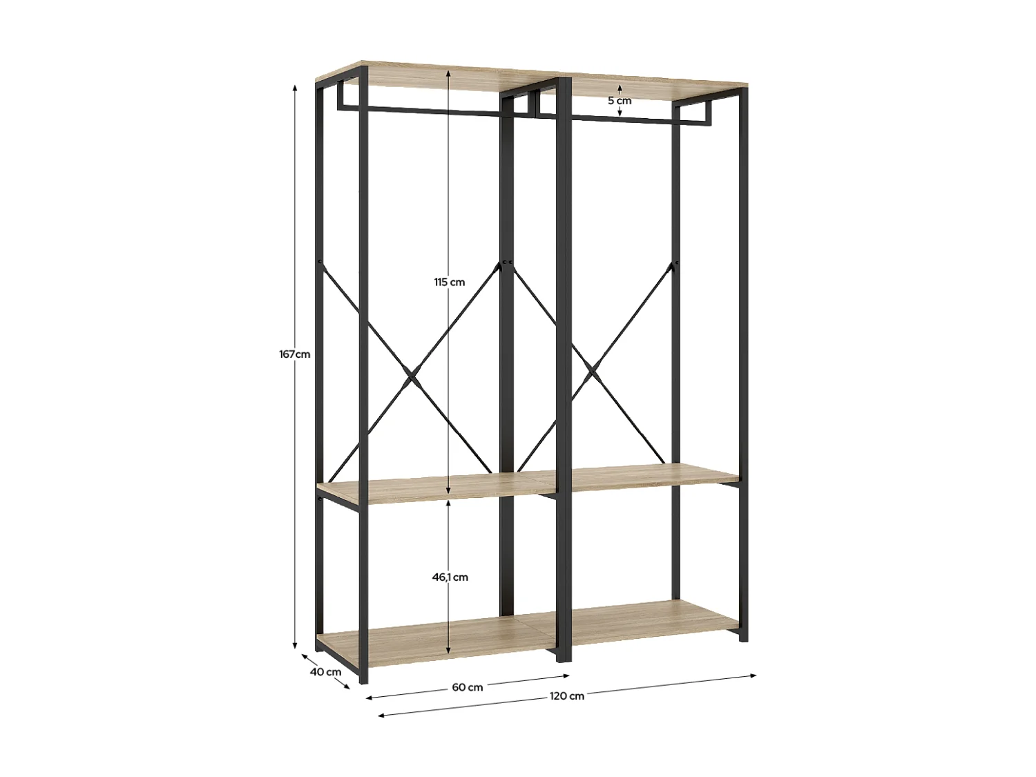 Portant à vêtements double penderie de structure métallique avec 4 étagères de rangement, coloris naturel/noir - Hauteur 167 x Longueur 120 x Profondeur 40,4 cm