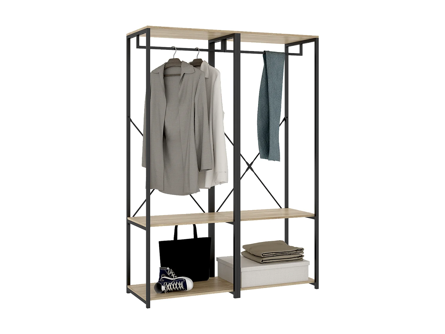 Portant à vêtements double penderie de structure métallique avec 4 étagères de rangement, coloris naturel/noir - Hauteur 167 x Longueur 120 x Profondeur 40,4 cm