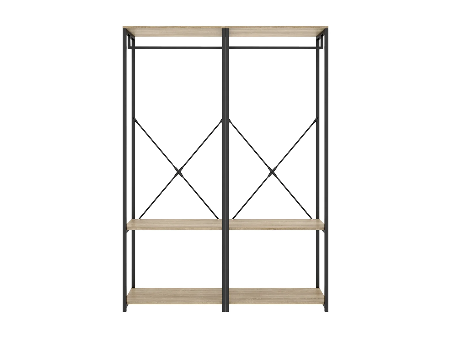 Portant à vêtements double penderie de structure métallique avec 4 étagères de rangement, coloris naturel/noir - Hauteur 167 x Longueur 120 x Profondeur 40,4 cm