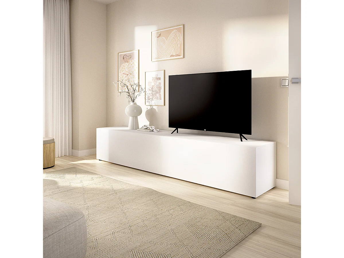 Meuble TV bas avec portes abattantes, coloris blanc - Hauteur 42 x Longueur 220 x Profondeur 41,5 cm