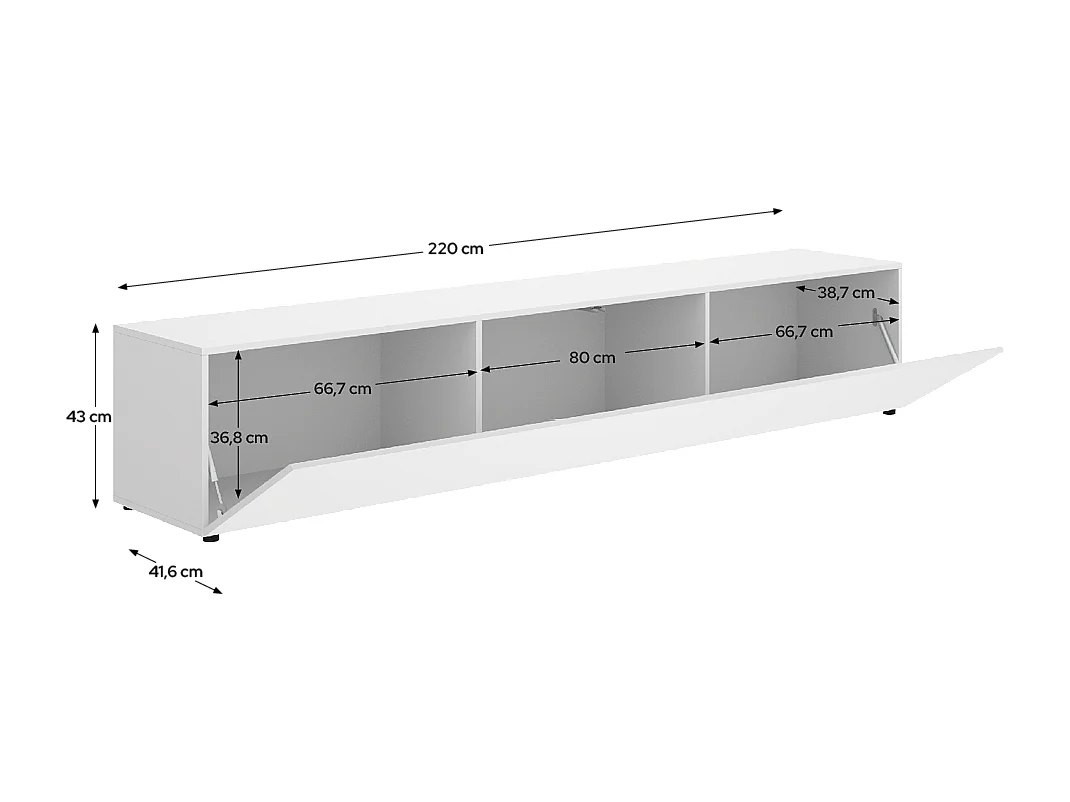 Meuble TV bas avec portes abattantes, coloris blanc - Hauteur 42 x Longueur 220 x Profondeur 41,5 cm