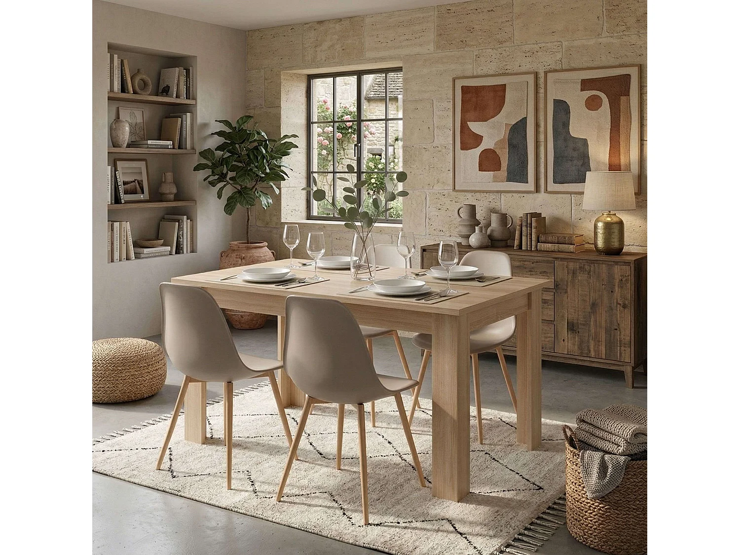 Conjunto de jantar Sonoma Oak bege (mesa + 4 cadeiras) Mesa em melamina e cadeiras em PVC