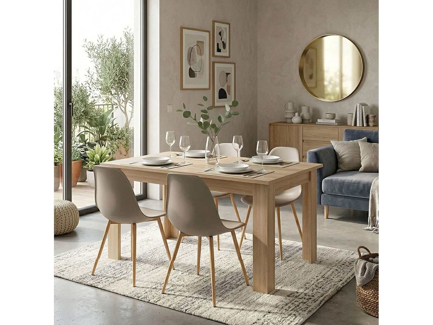 Conjunto de jantar Sonoma Oak bege (mesa + 4 cadeiras) Mesa em melamina e cadeiras em PVC