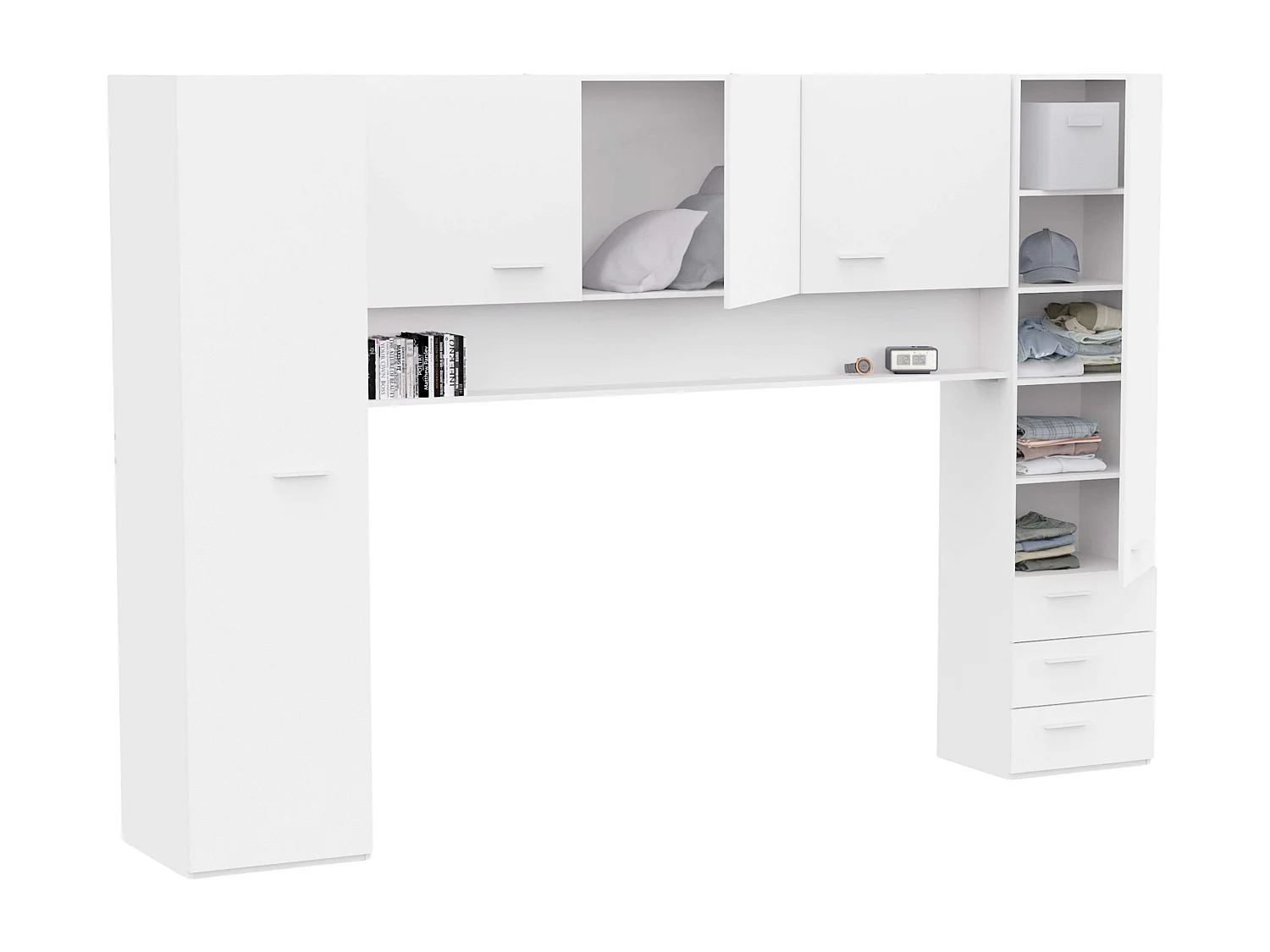 Guarda-roupa suspenso com portas e 3 gavetas, branco fosco, 203x304x53,5 cm