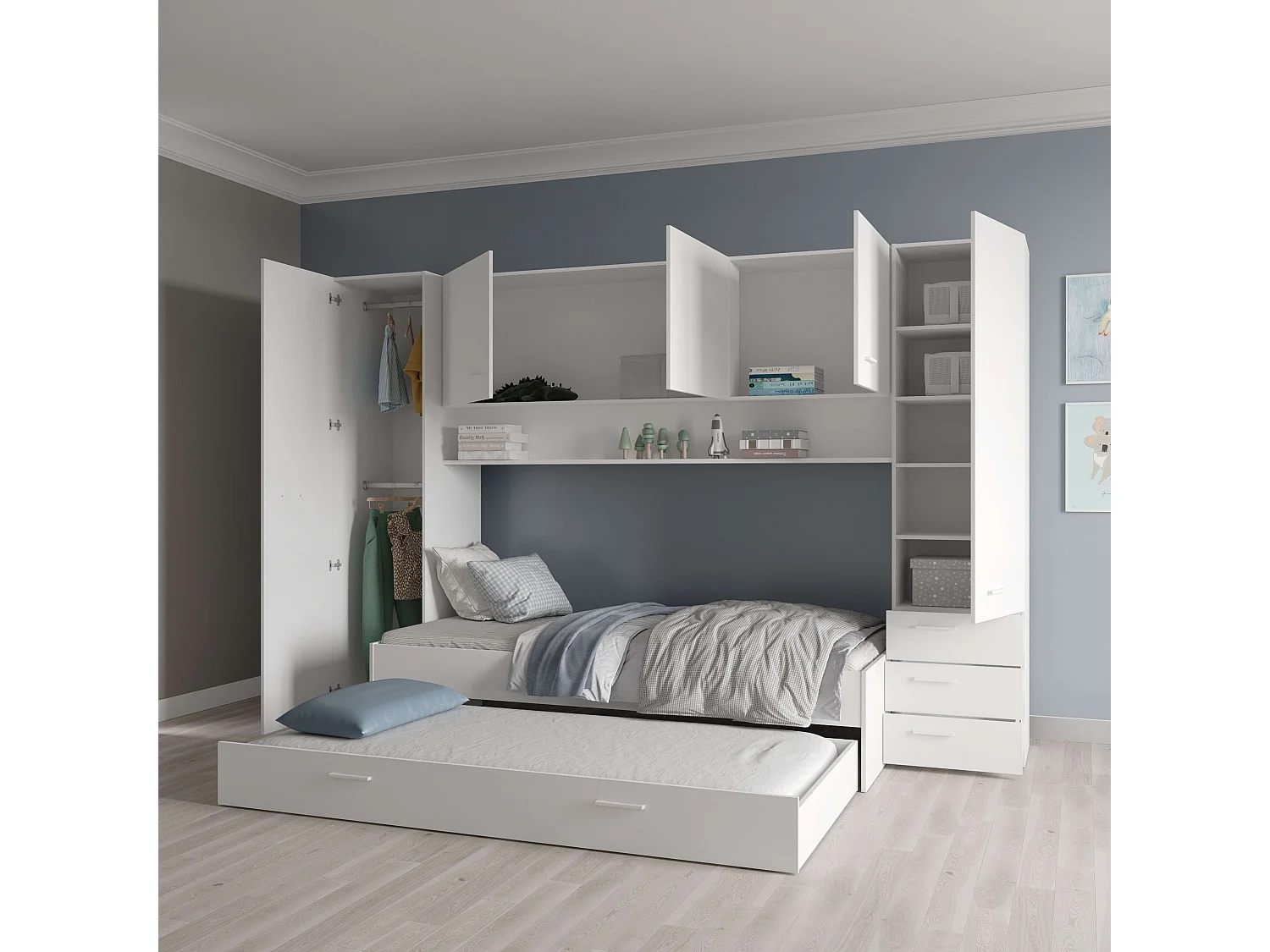 Guarda-roupa suspenso com portas e 3 gavetas, branco fosco, 203x304x53,5 cm