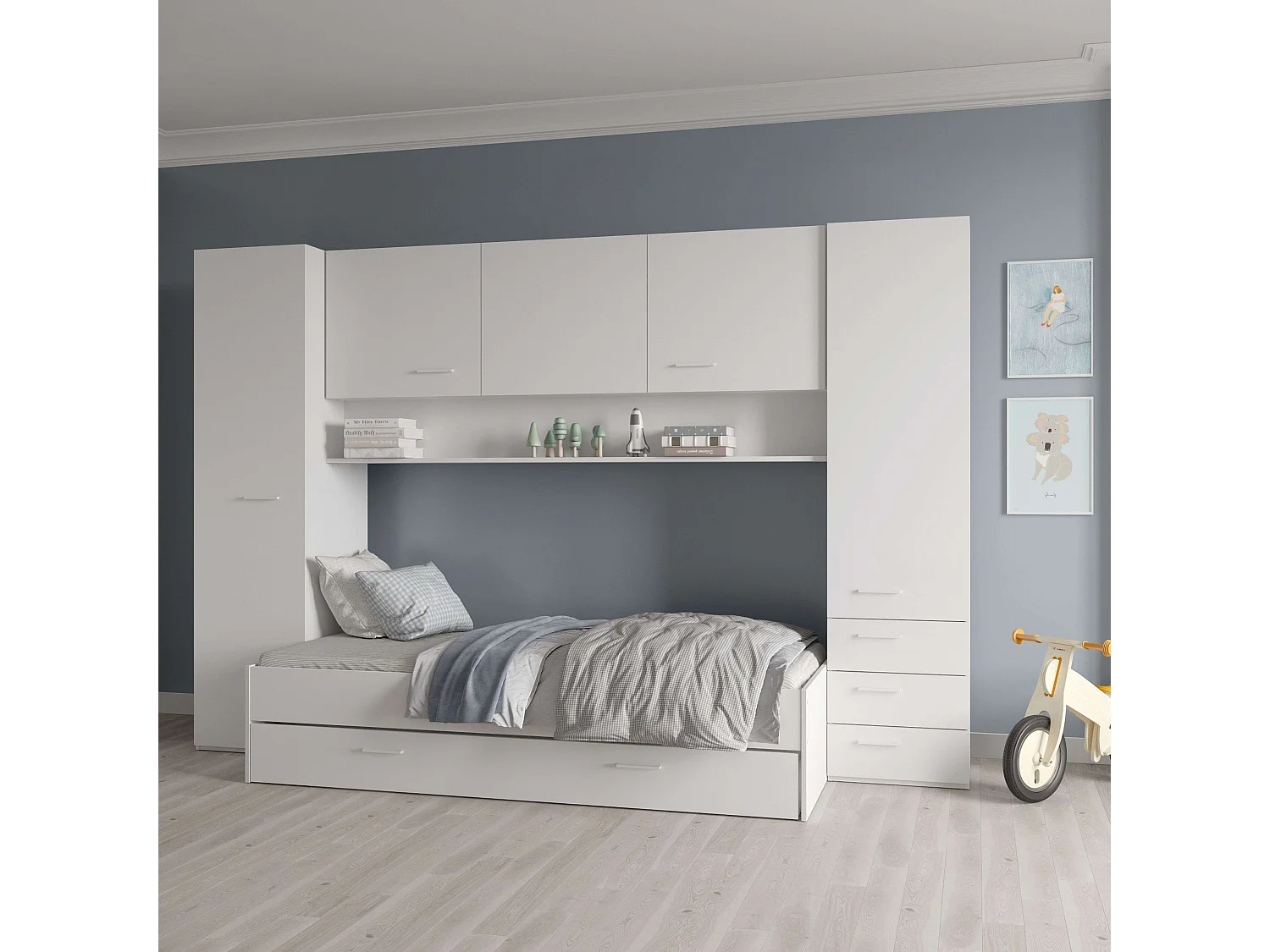 Guarda-roupa suspenso com portas e 3 gavetas, branco fosco, 203x304x53,5 cm