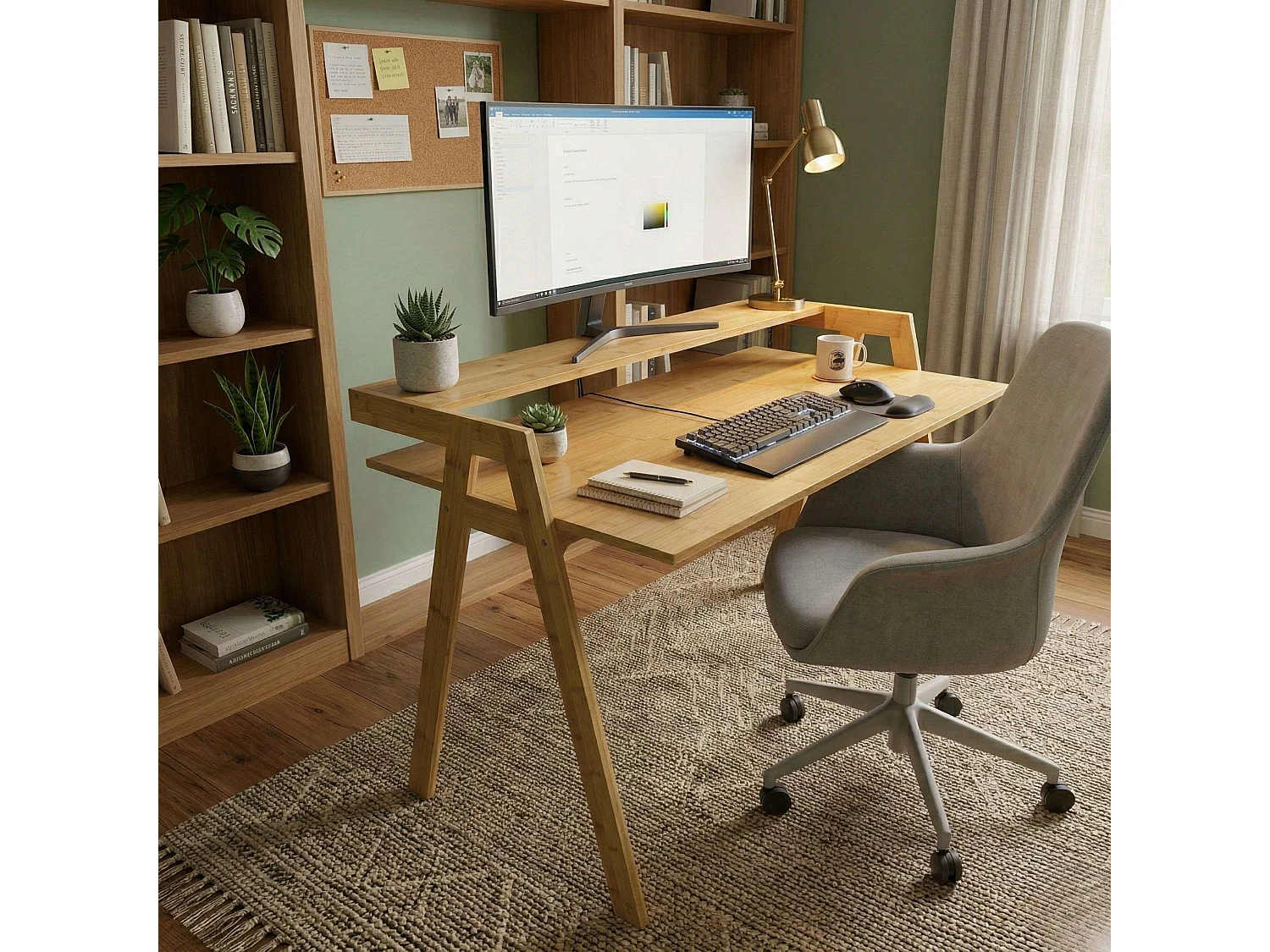 Mesa de estudo em bambu marrom, 75x113x60 cm