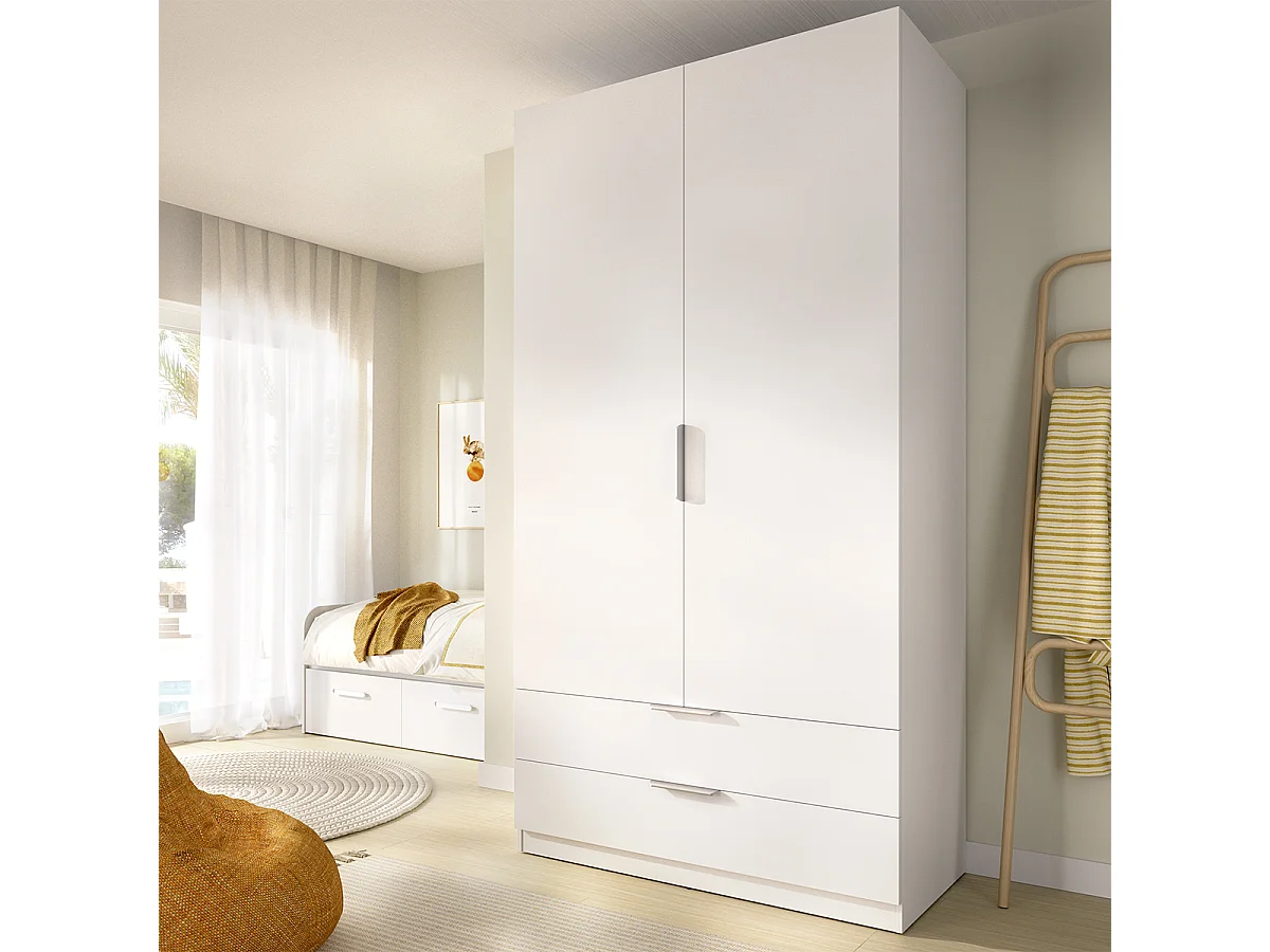 Armoire placard de rangement à 2 portes battantes et 2 tiroirs, coloris blanc - Hauteur 203,5 x Longueur 91 x Profondeur 51,4 cm