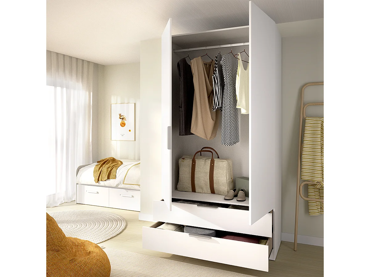 Armoire placard de rangement à 2 portes battantes et 2 tiroirs, coloris blanc - Hauteur 203,5 x Longueur 91 x Profondeur 51,4 cm