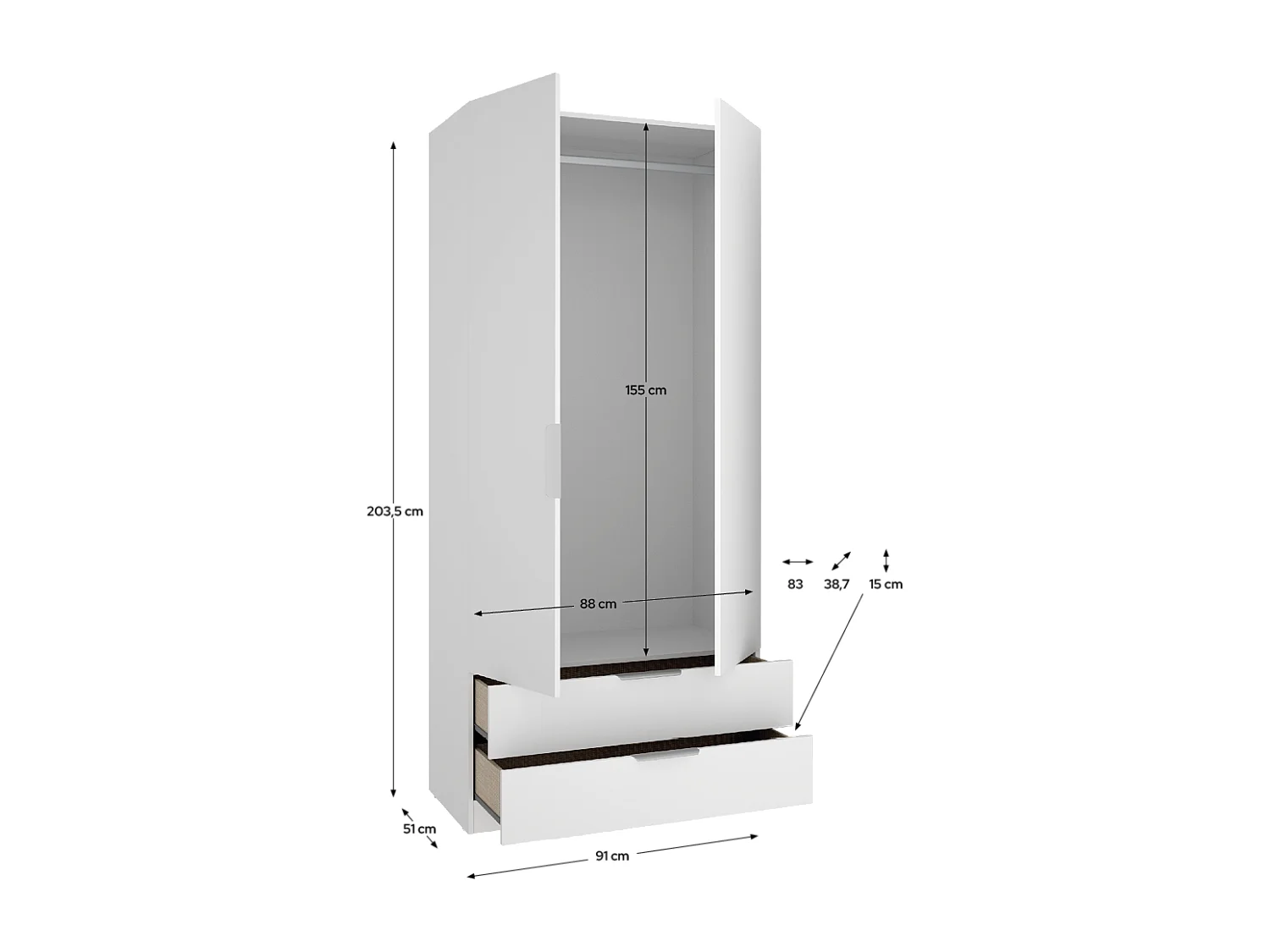 Armoire placard de rangement à 2 portes battantes et 2 tiroirs, coloris blanc - Hauteur 203,5 x Longueur 91 x Profondeur 51,4 cm
