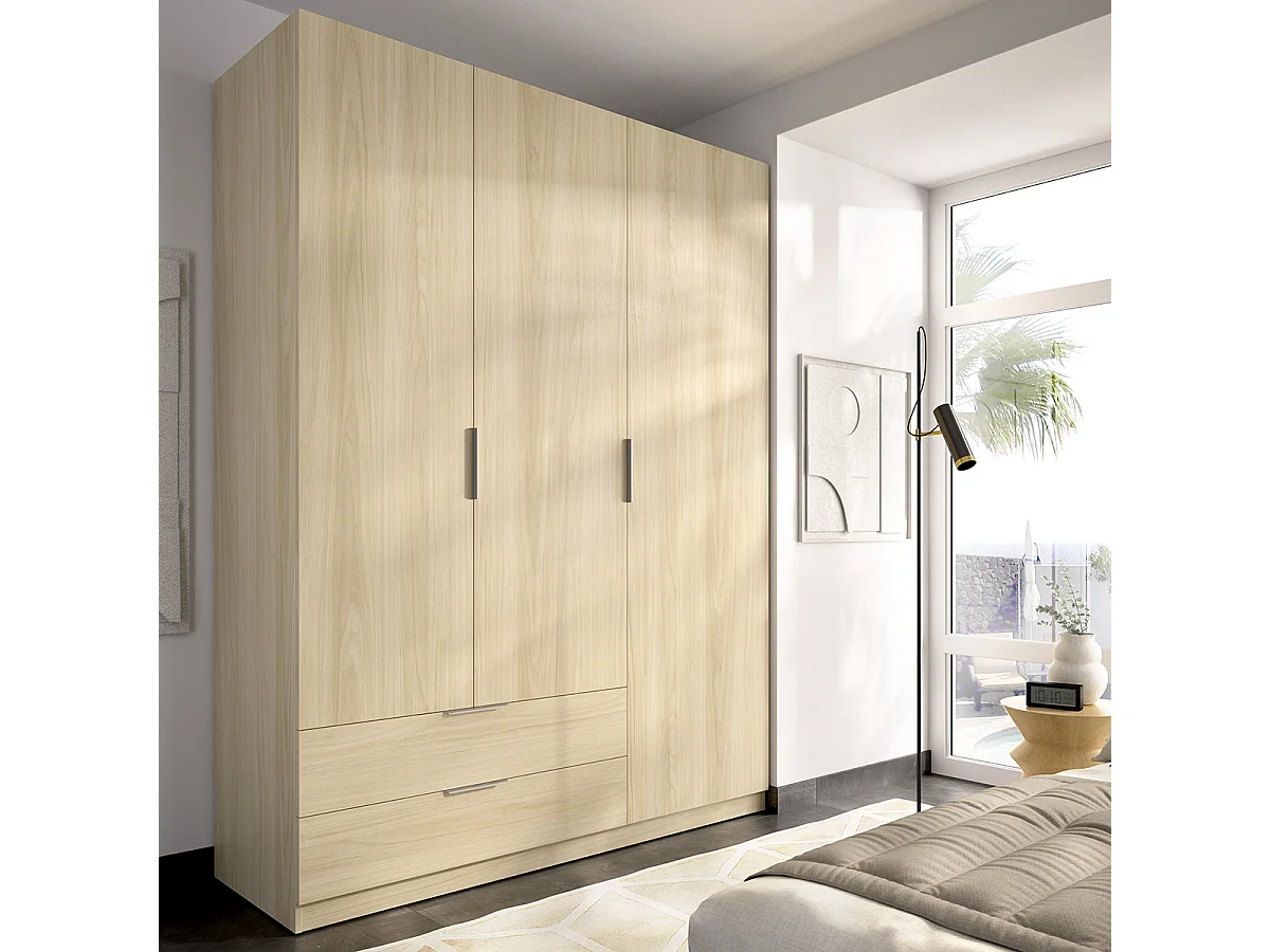 Armoire placard de rangement à 3 portes battantes et 2 tiroirs, coloris Chêne clair - Hauteur 203,5 x Longueur 136,6 x Profondeur 51,4 cm