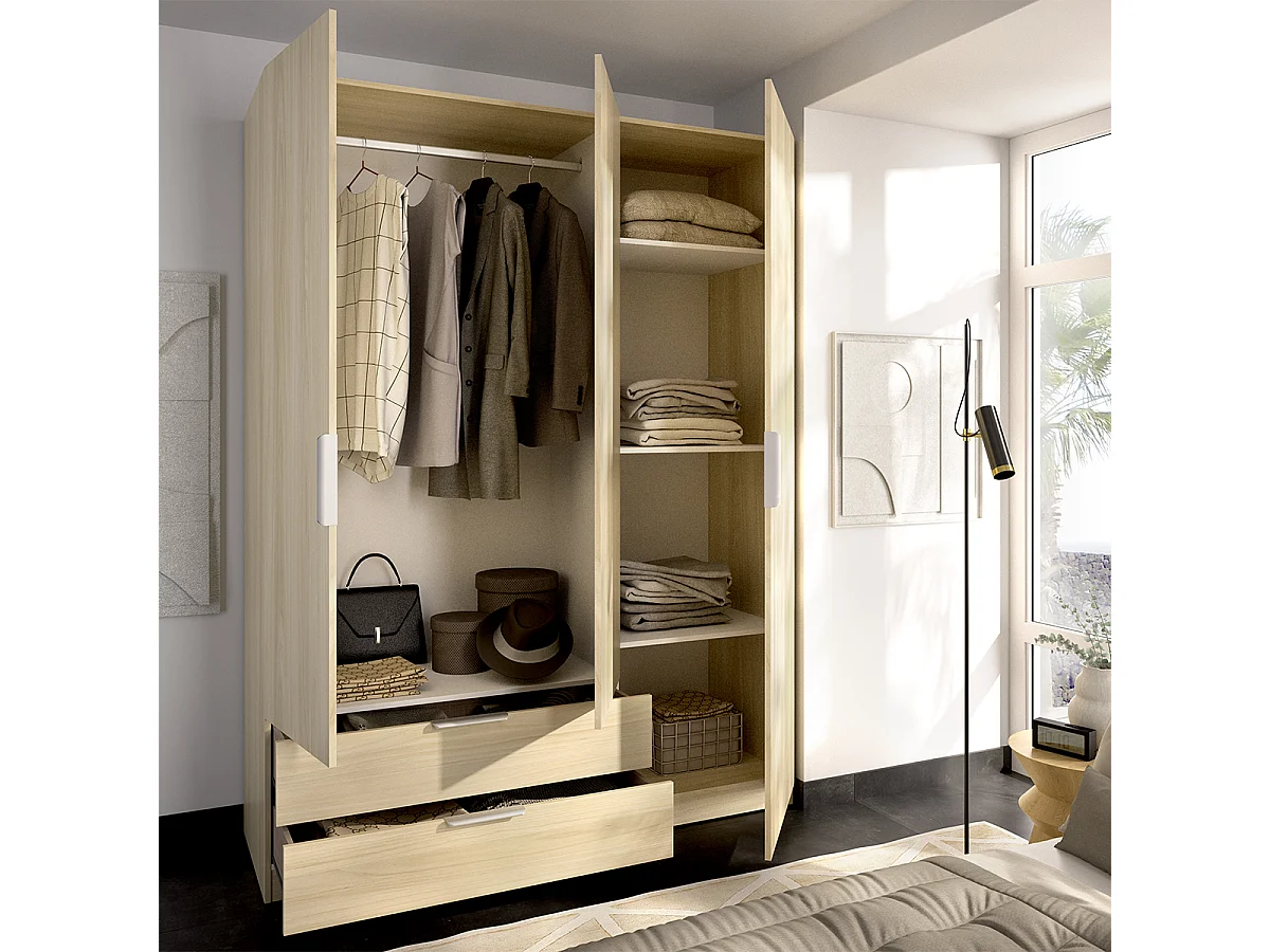 Armoire placard de rangement à 3 portes battantes et 2 tiroirs, coloris Chêne clair - Hauteur 203,5 x Longueur 136,6 x Profondeur 51,4 cm
